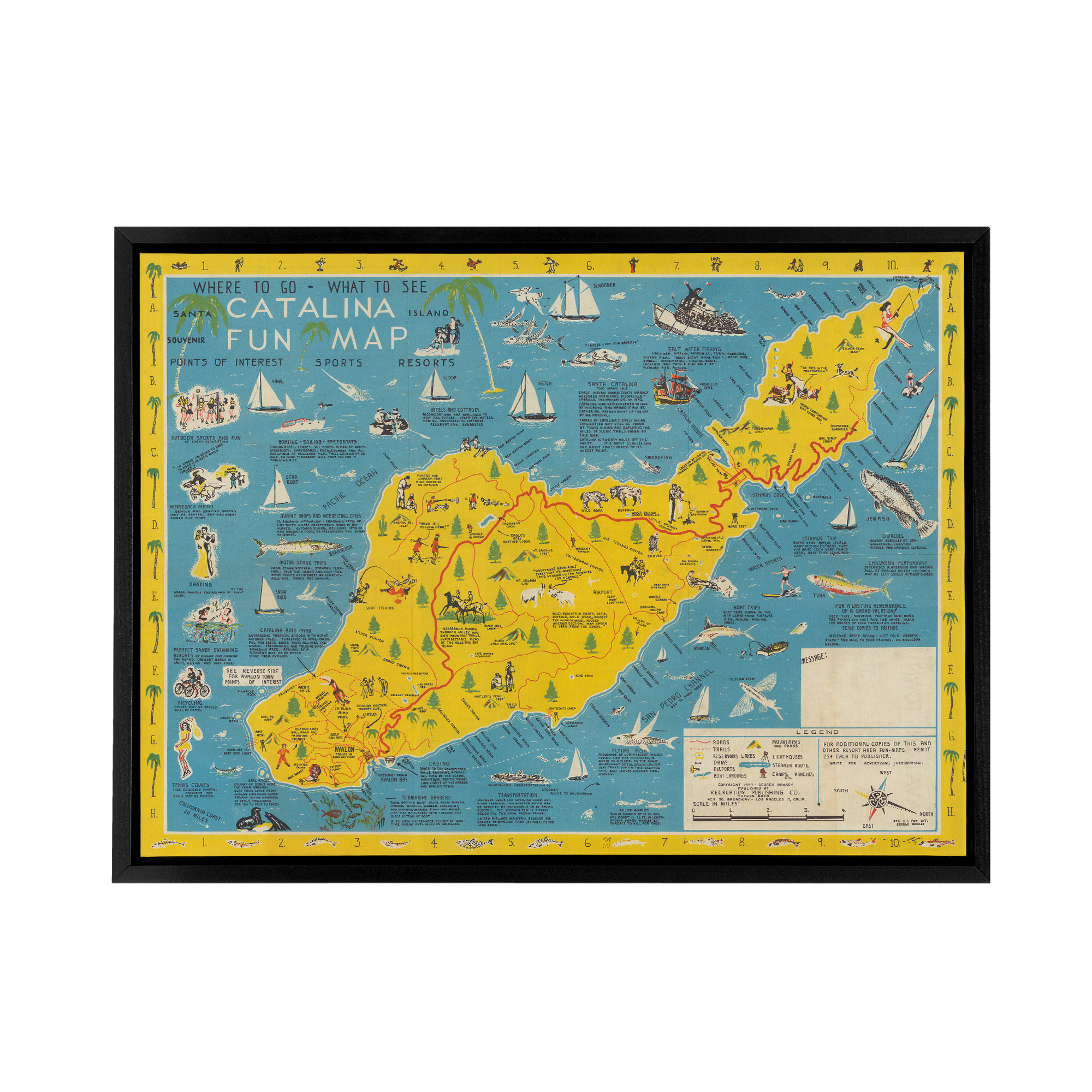 Ramsey 1947 Santa Catalina Island Fun Map Framed Canvas Wall Art Print