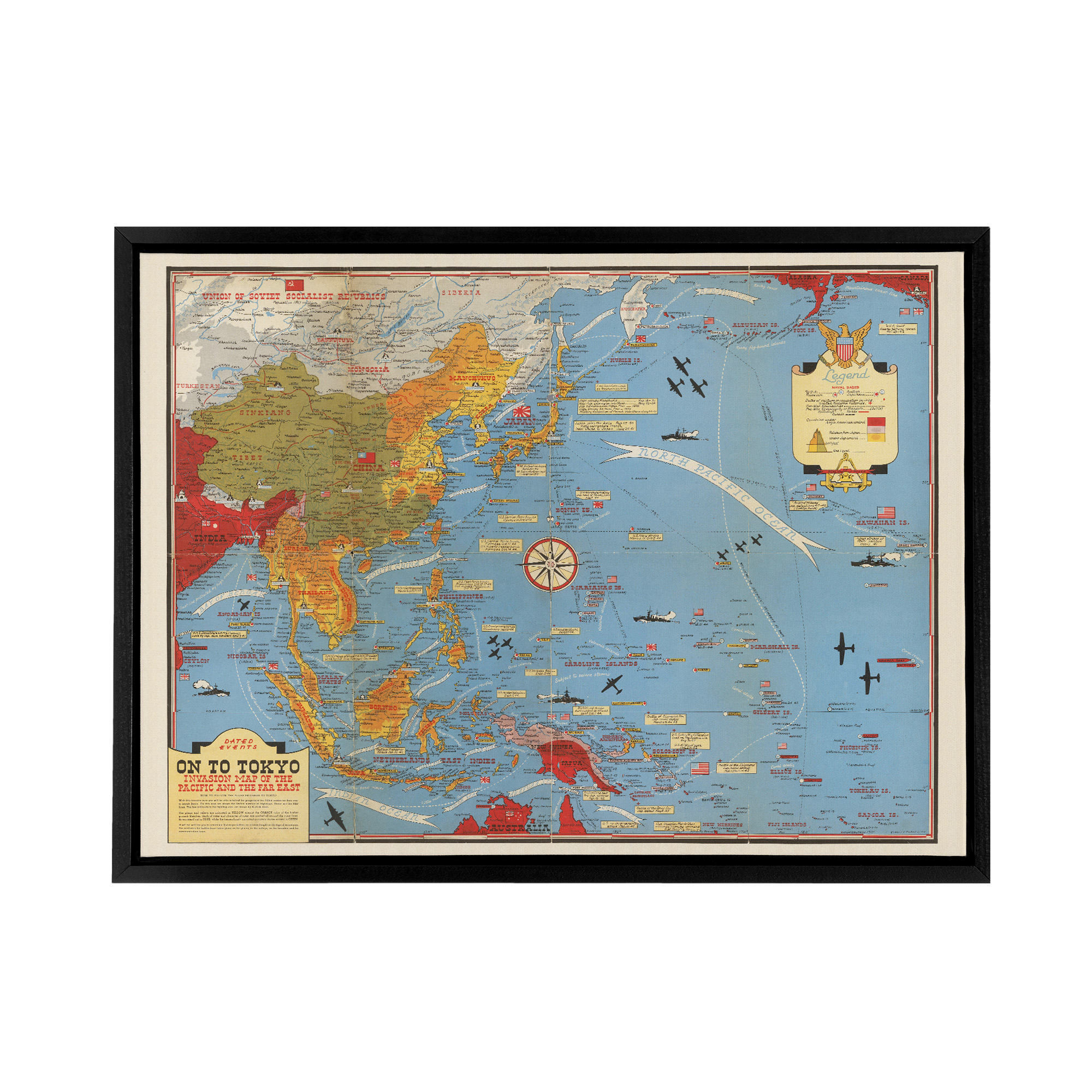 Invasion Map 1944 War WWII On To Tokyo Framed Canvas Wall Art Print