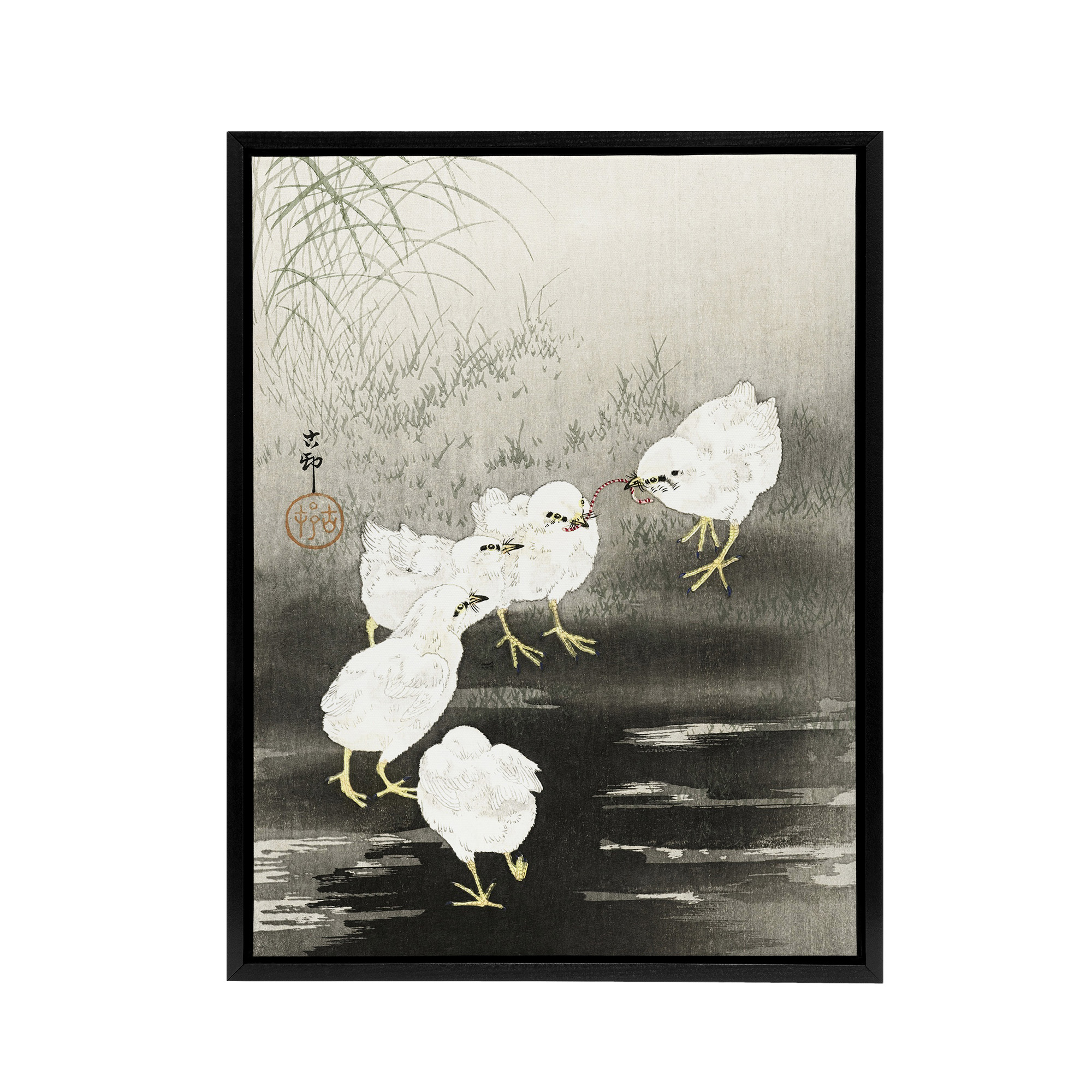 Chicks Eating Worms Framed Canvas Wall Art Print Ohara Koson