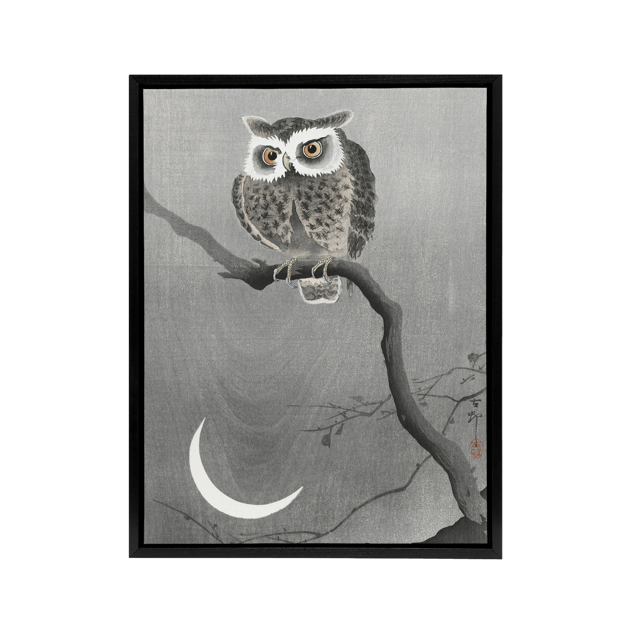 Long Eared Owl On Tree Branch Framed Canvas Wall Art Print Ohara Koson