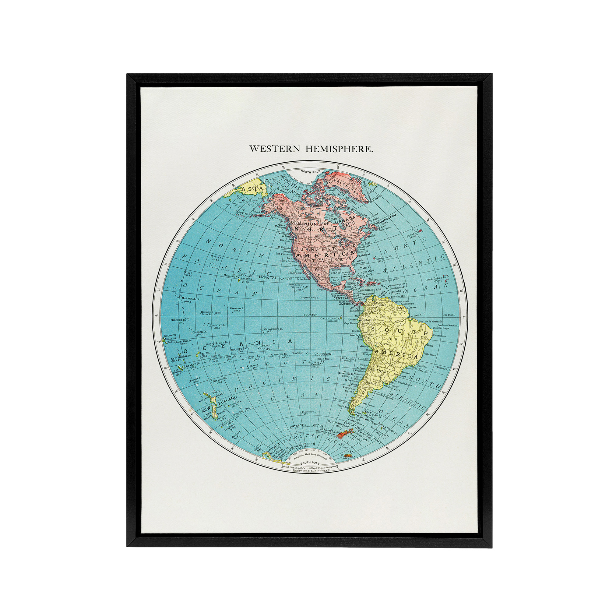 Western Hemisphere 1908 Map Rand McNally Vintage Black Framed Canvas Wall Art