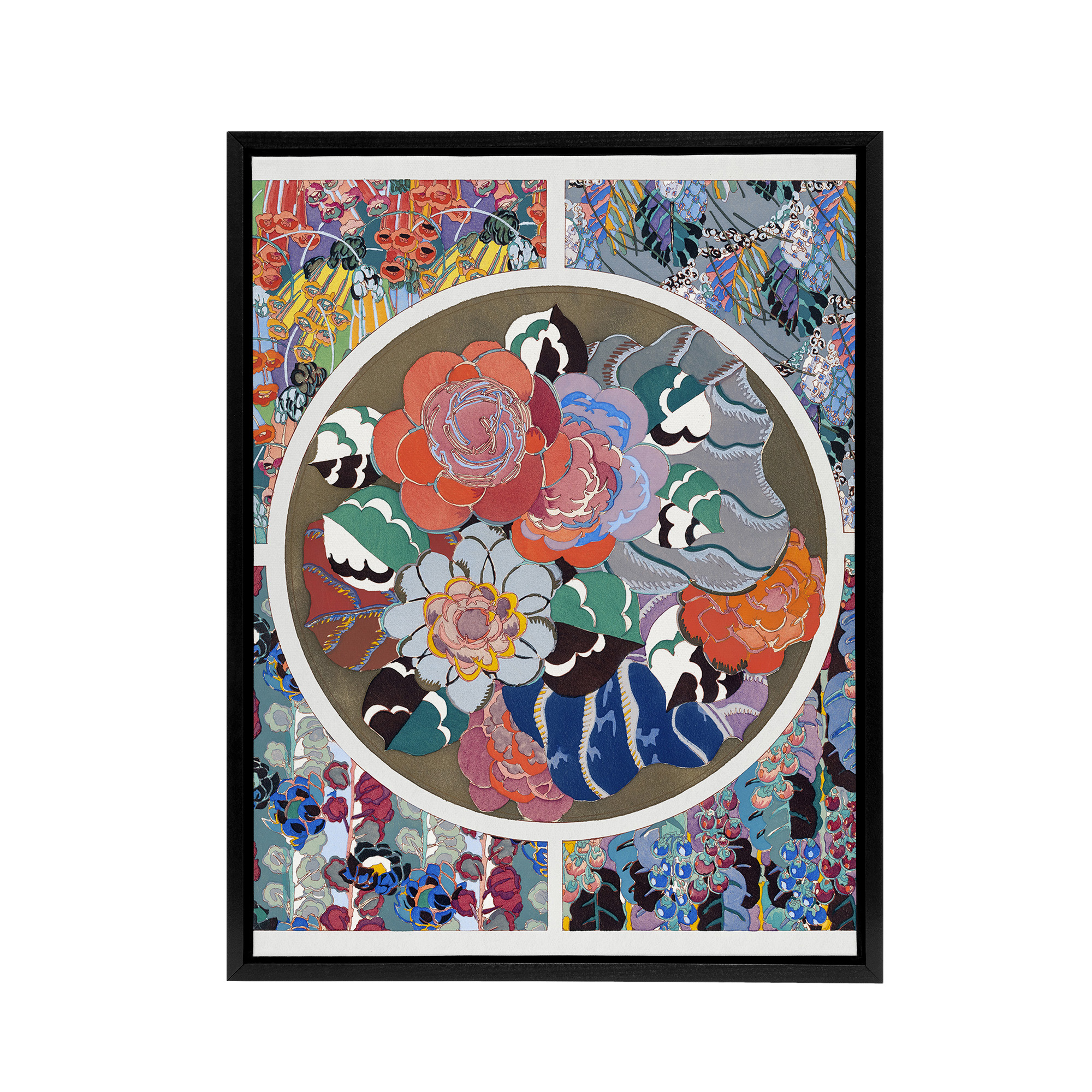 Floral Art Deco Pattern Benedictus Vintage Black Framed Canvas Wall Art Print