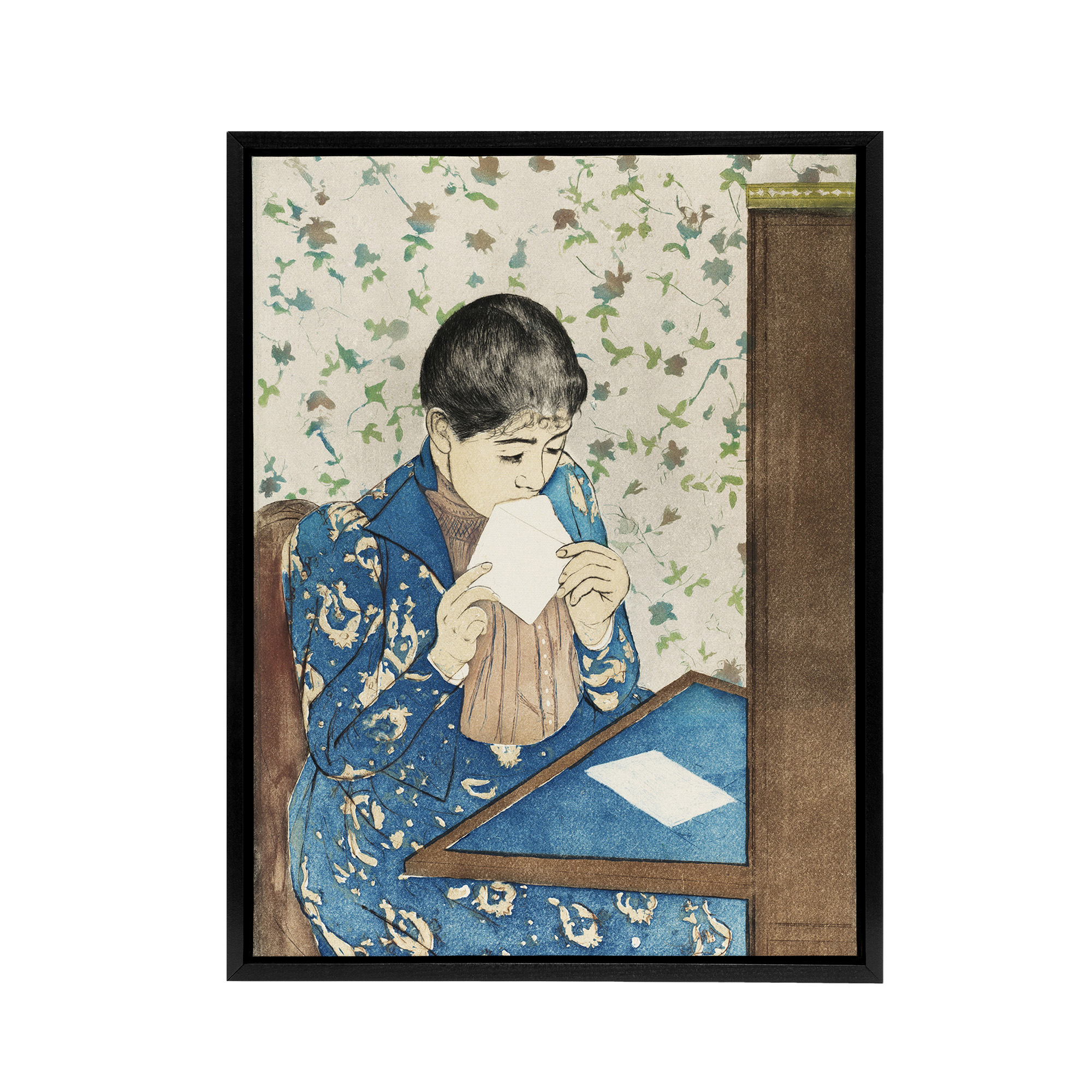 Letter Woman Sealing Envelope Cassatt Vintage Black Framed Canvas Wall Art