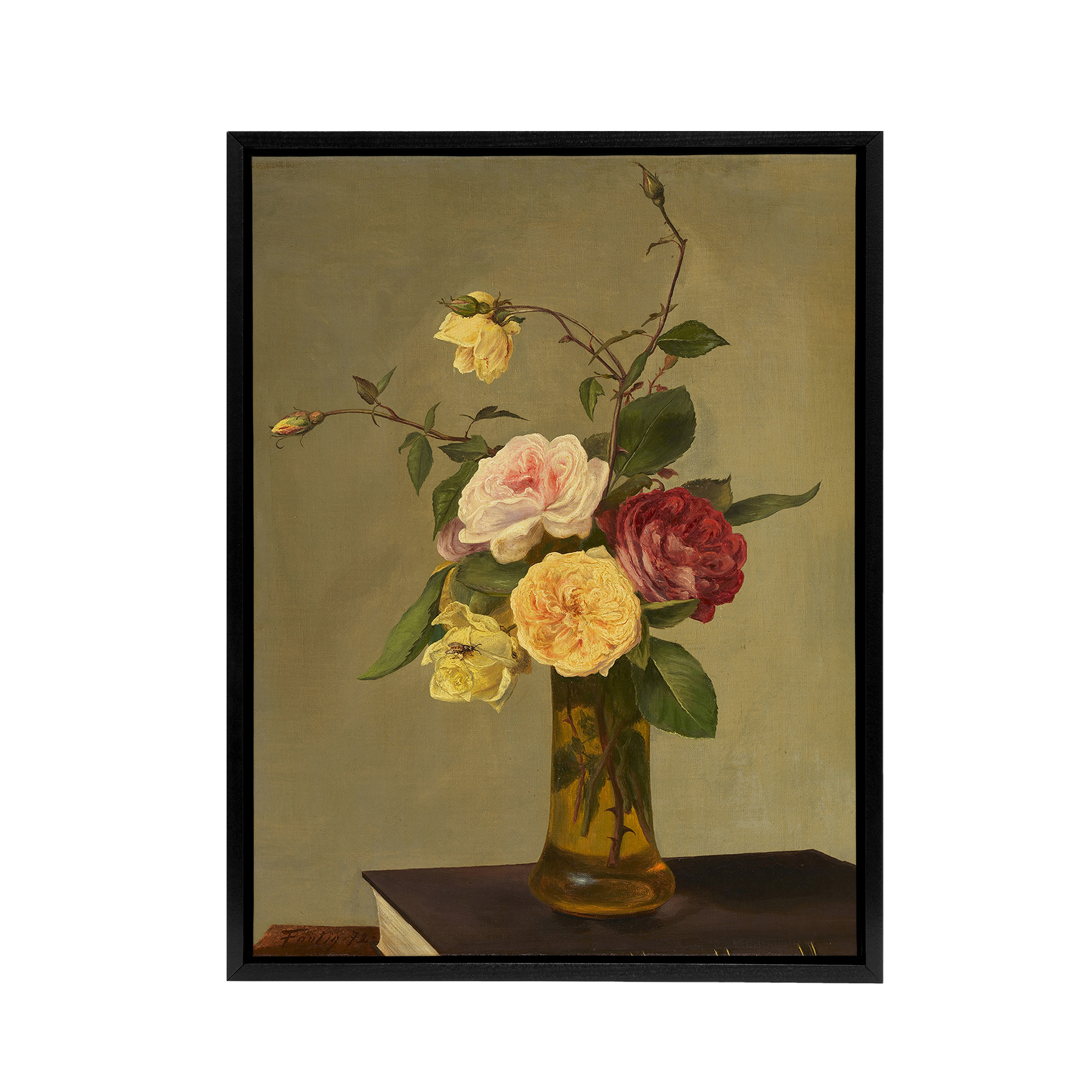Still Life Bouquet Roses in a Vase Latour Black Framed Canvas Wall Art Print