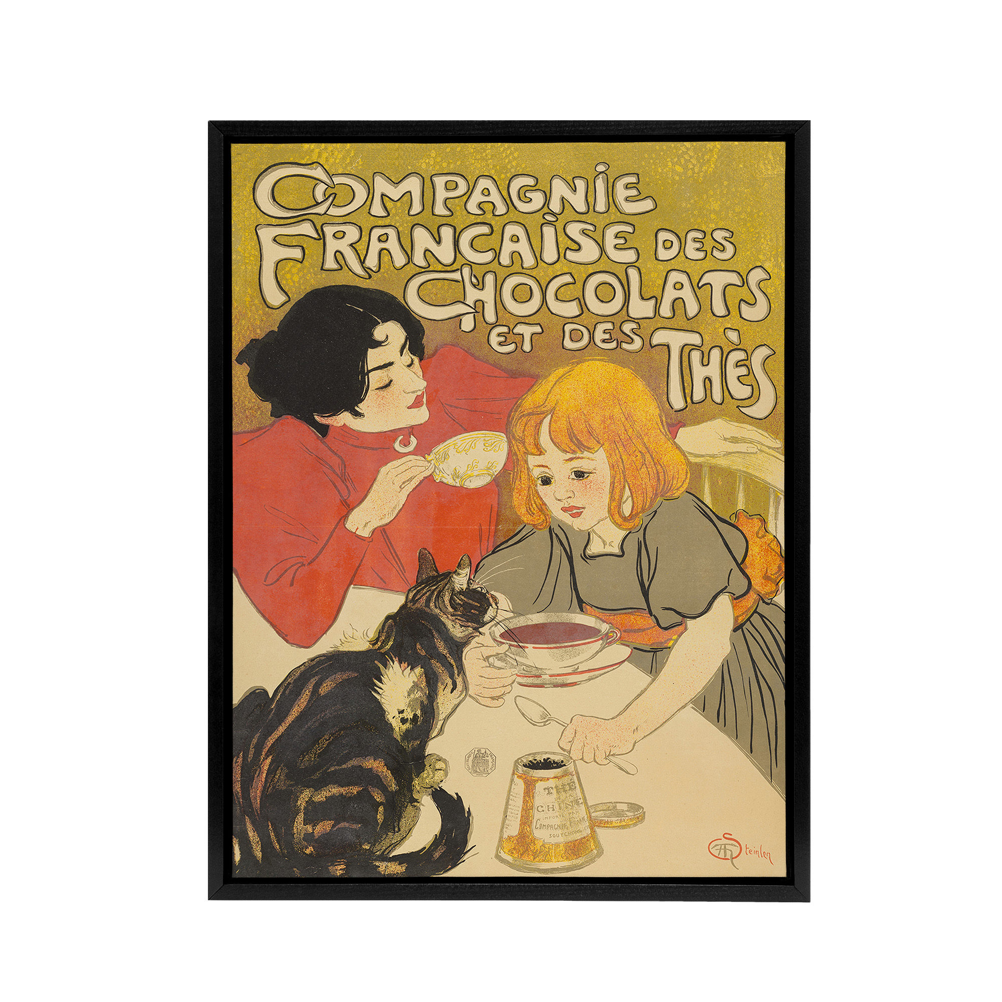 Chocolate And Tea French Vintage Advert Steinlen Black Framed Canvas Wall Art