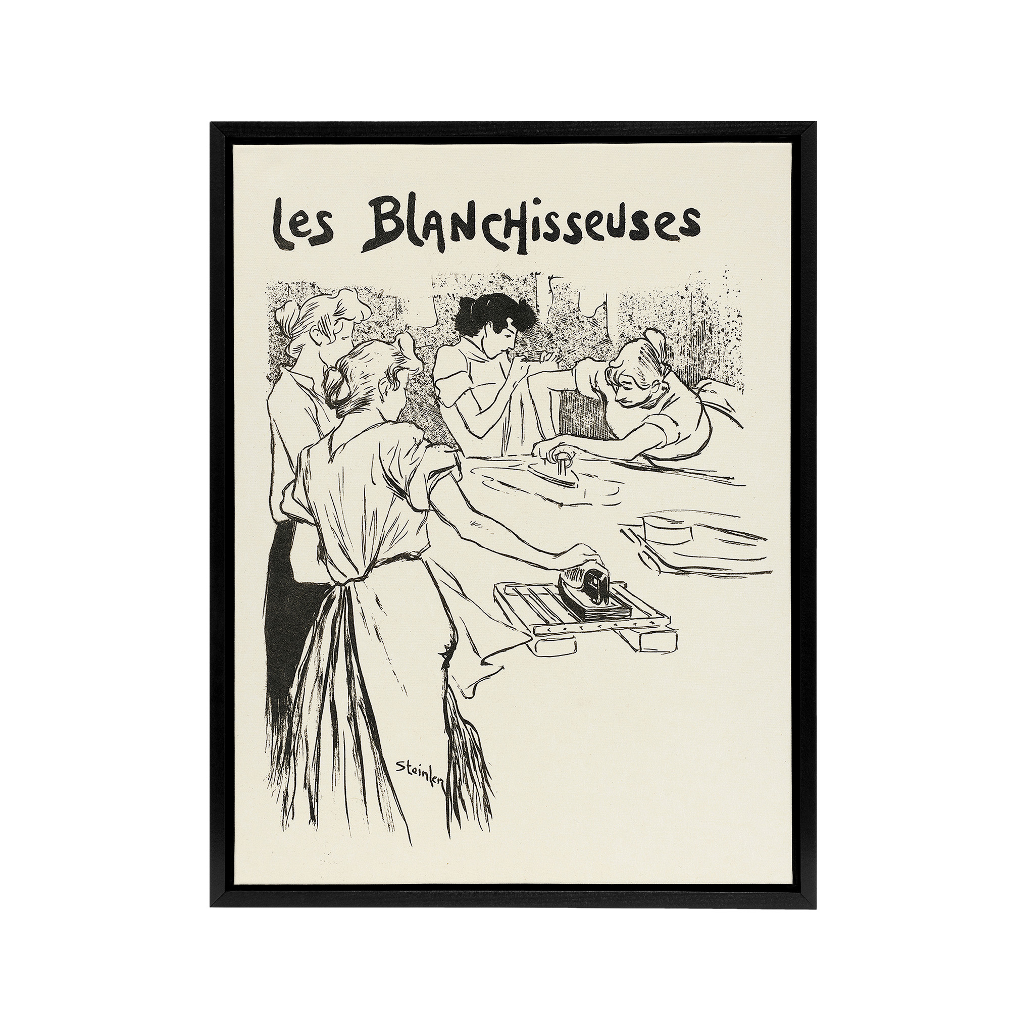 The Washerwomen Black White Illustration Steinlen Black Framed Canvas Wall Art