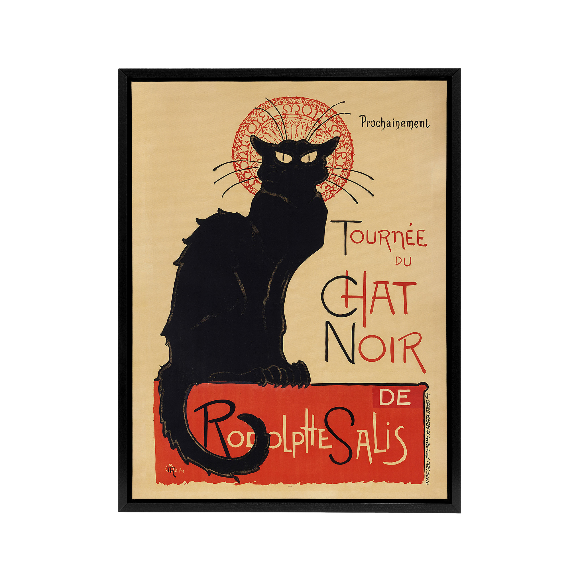 Black Cat Chat Noir Cabaret Vintage Ad Steinlen Black Framed Canvas Wall Art