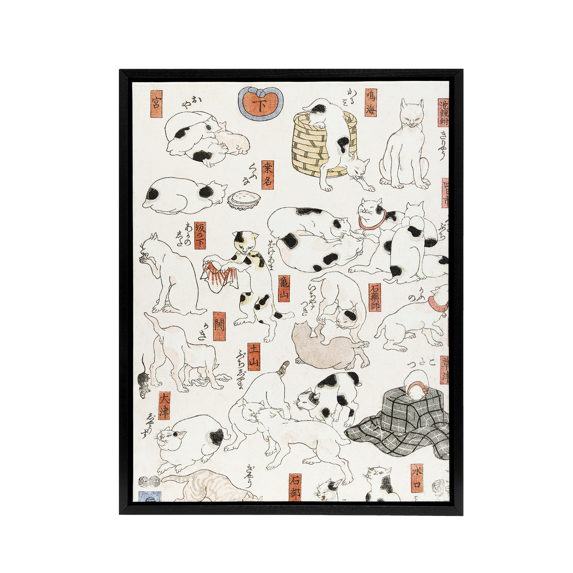 Cats Vintage Japanese Ukiyo E Kuniyoshi Black Framed Canvas Wall Art Print