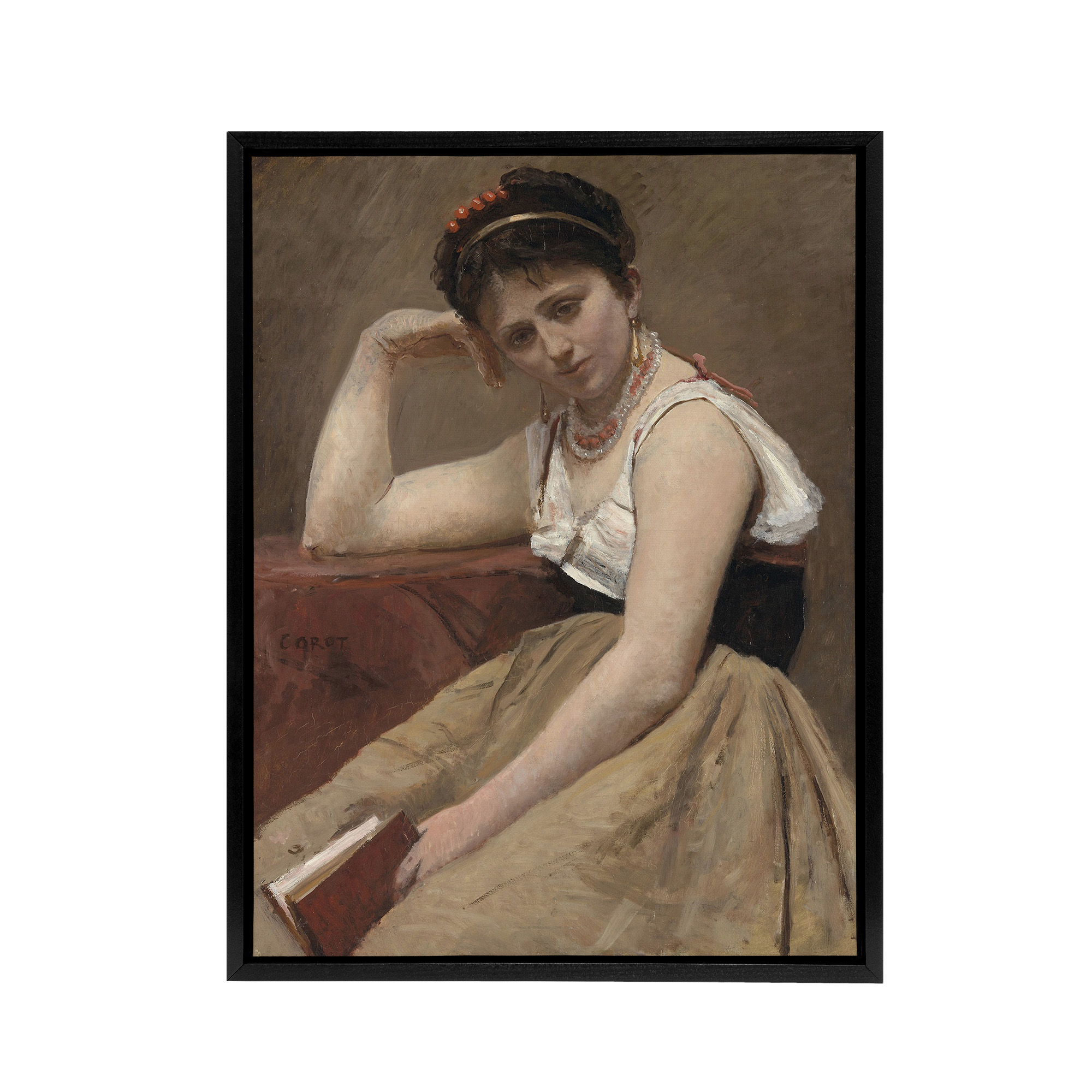 Camille Corot Interrupted Reading Woman Portrait Framed Canvas Wall Art Print