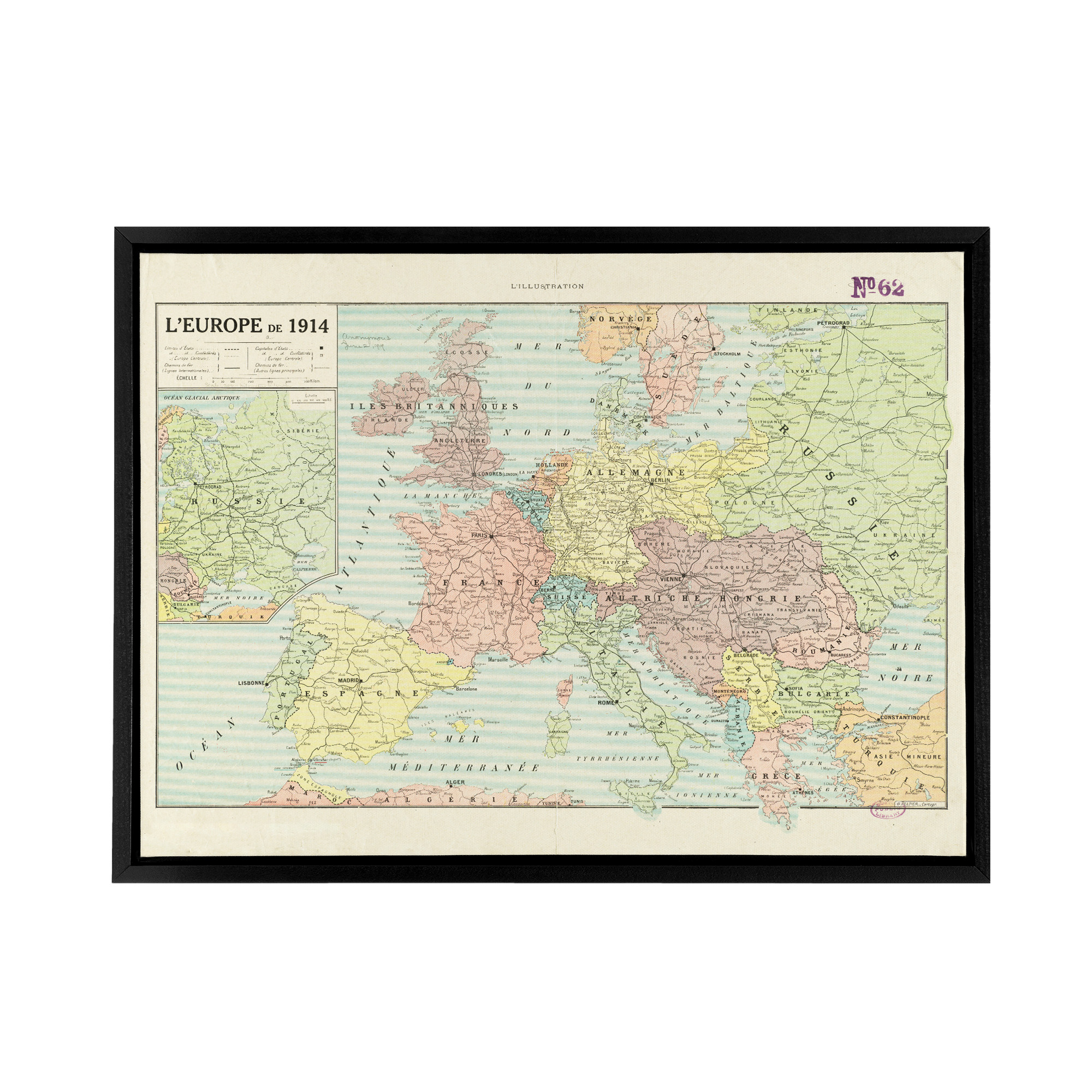 Peltier 1914 French Political Map of Europe Framed Canvas Wall Art Print