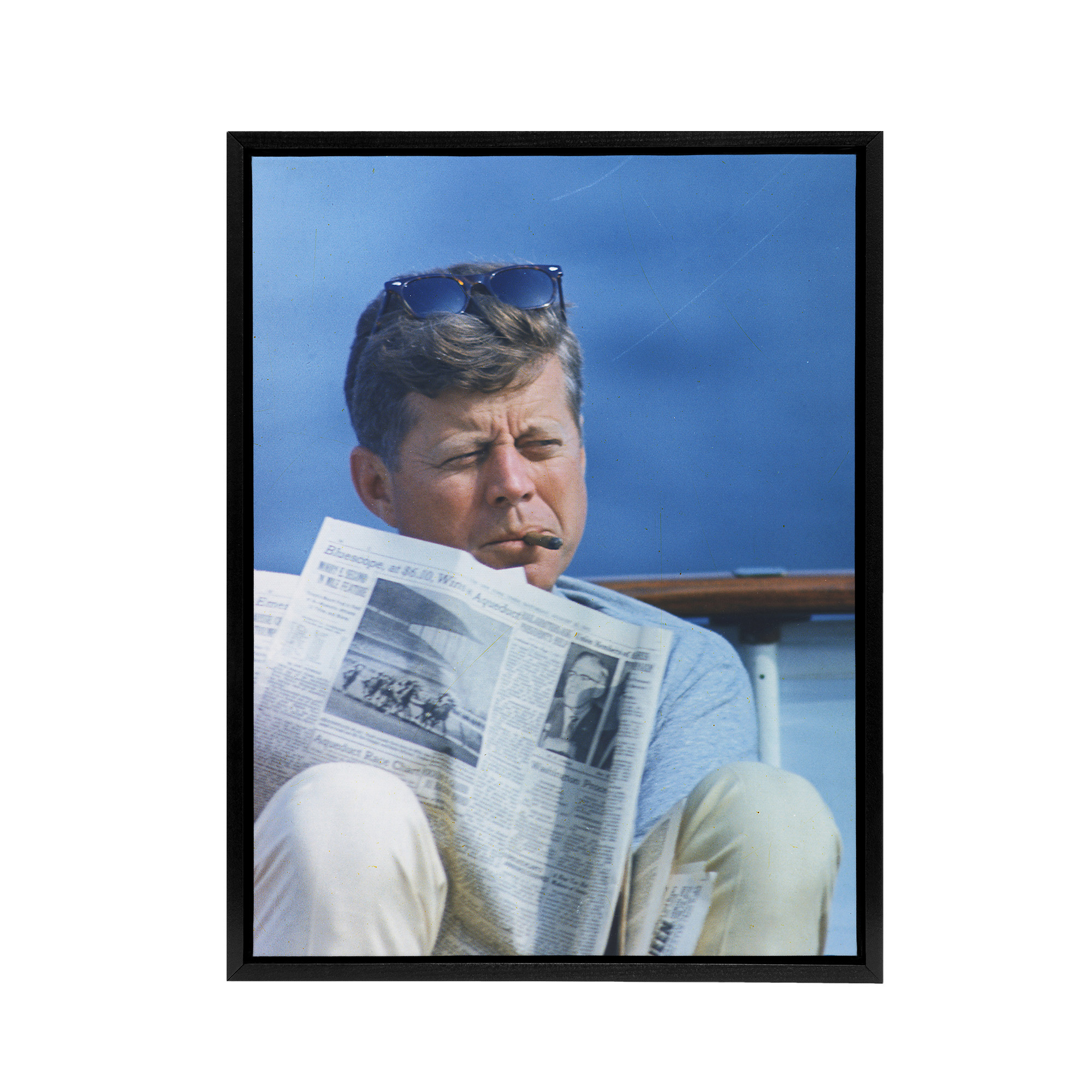 President John F Kennedy Cigar and Newspaper Framed Canvas Wall Art Print