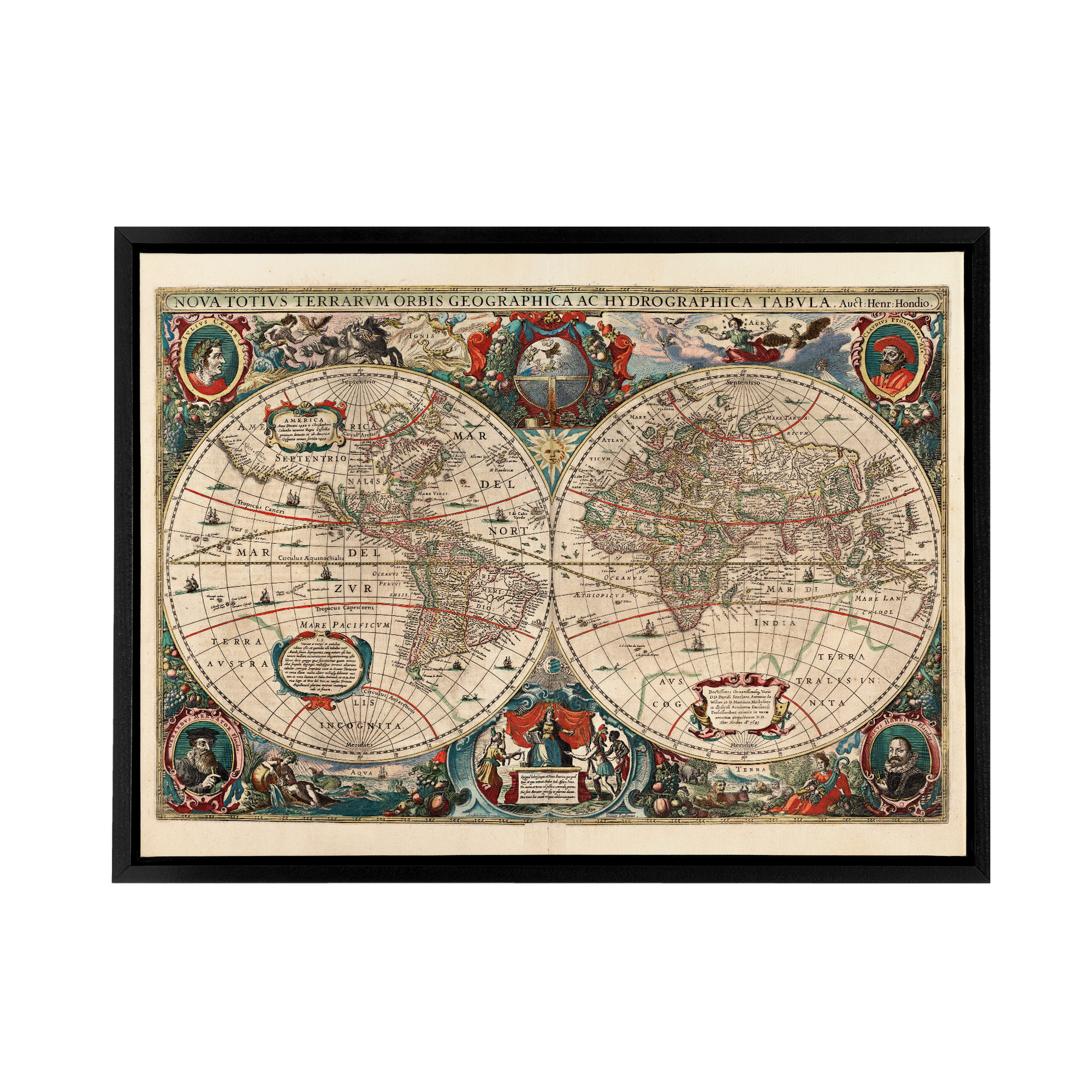 Hondius Pictorial Map 1641 World Hemispheres Framed Canvas Wall Art Print