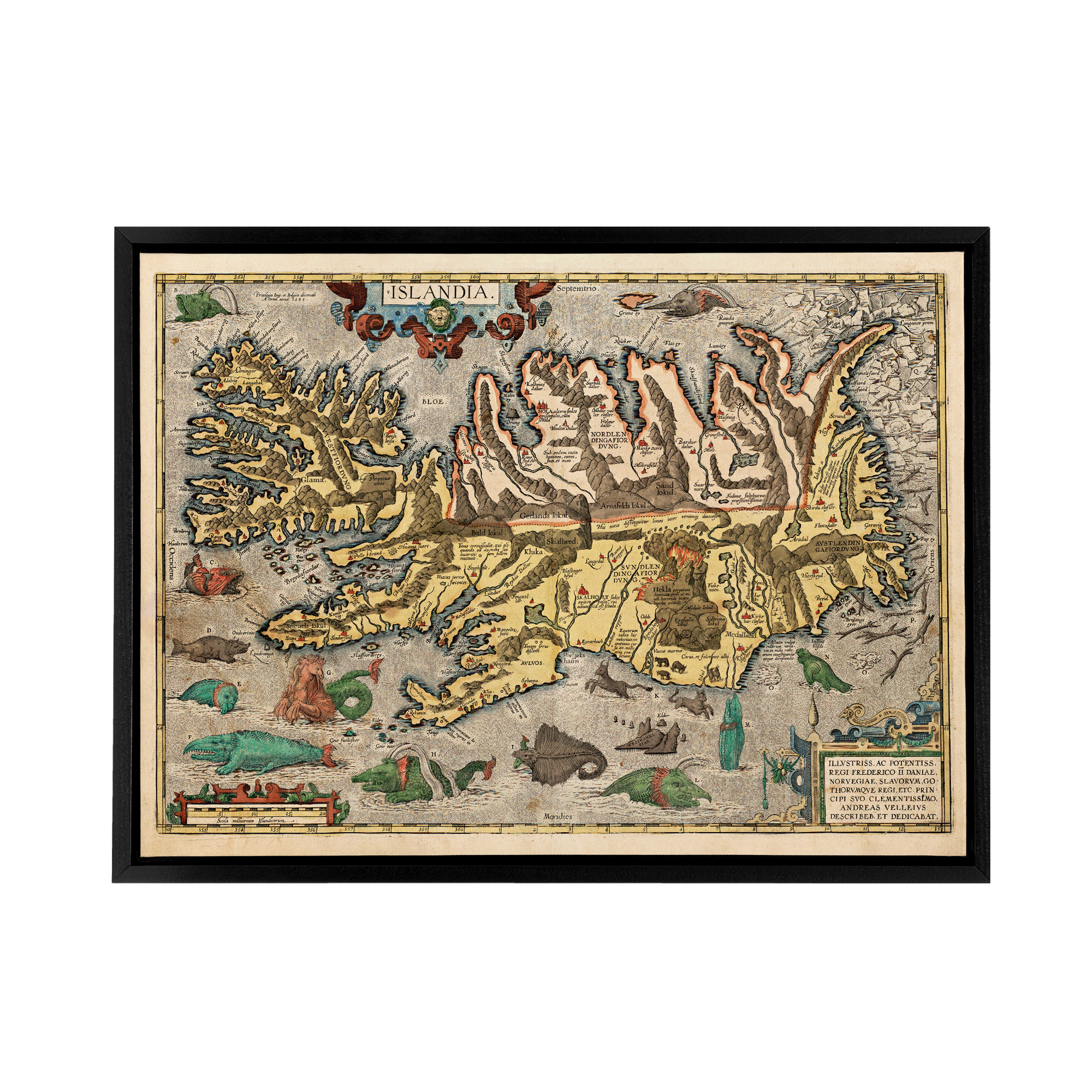 1585 Iceland Pictorial Map With Sea Monsters Framed Canvas Wall Art Print
