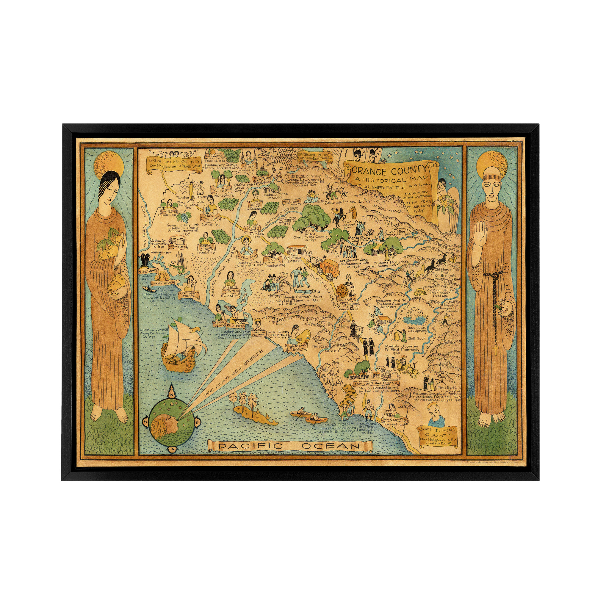 Map Ames 1929 Historic California County Framed Canvas Wall Art Print