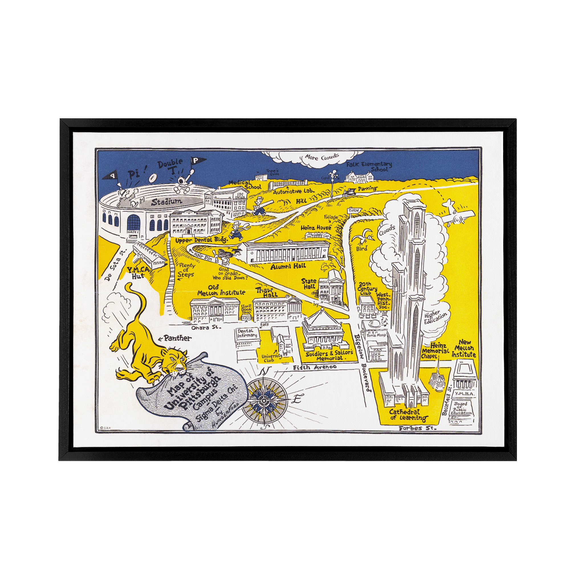 Map Hungerford 1935 Pittsburgh University Framed Canvas Wall Art Print