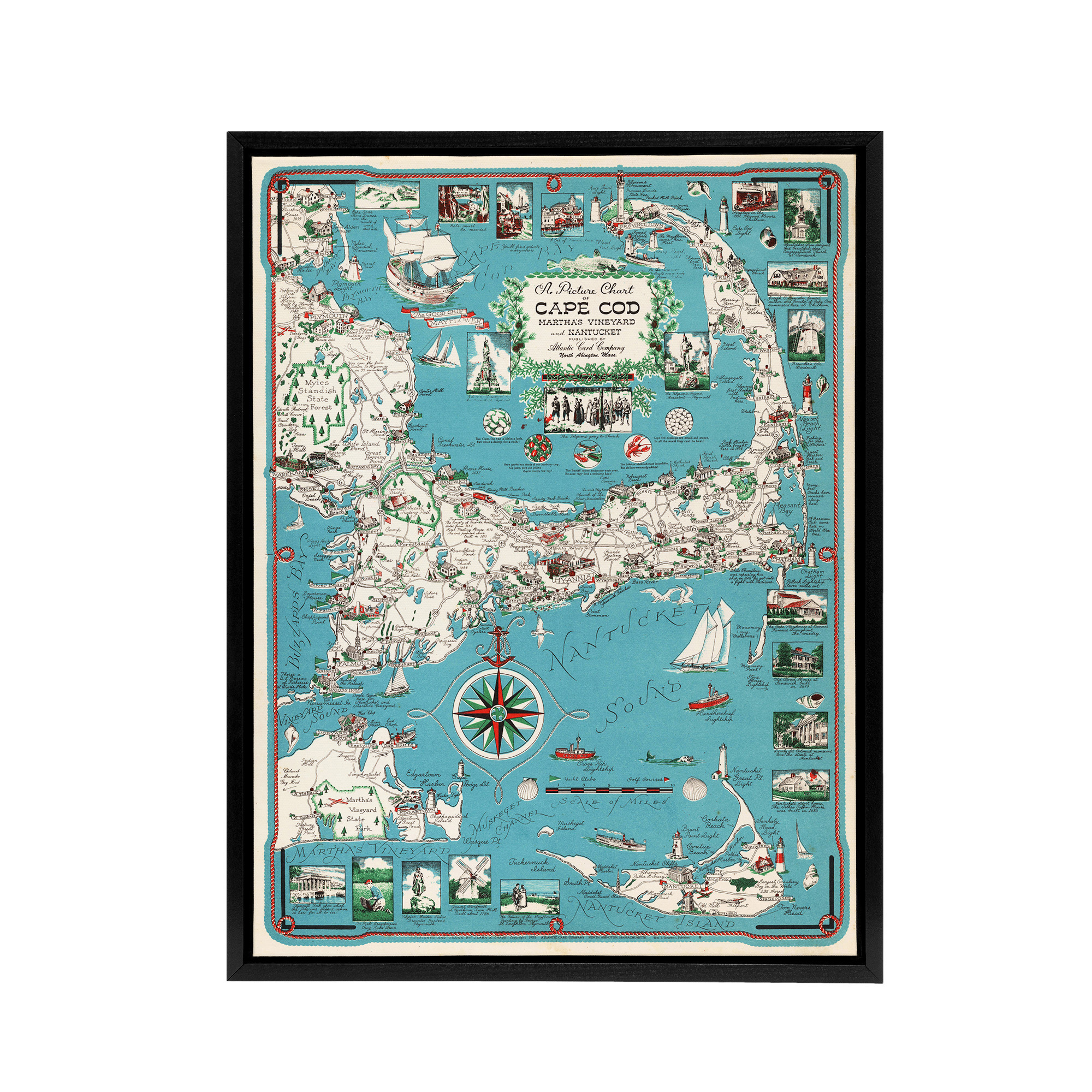 Map vintage Cape Cod Massachusetts Framed Canvas Wall Art Print