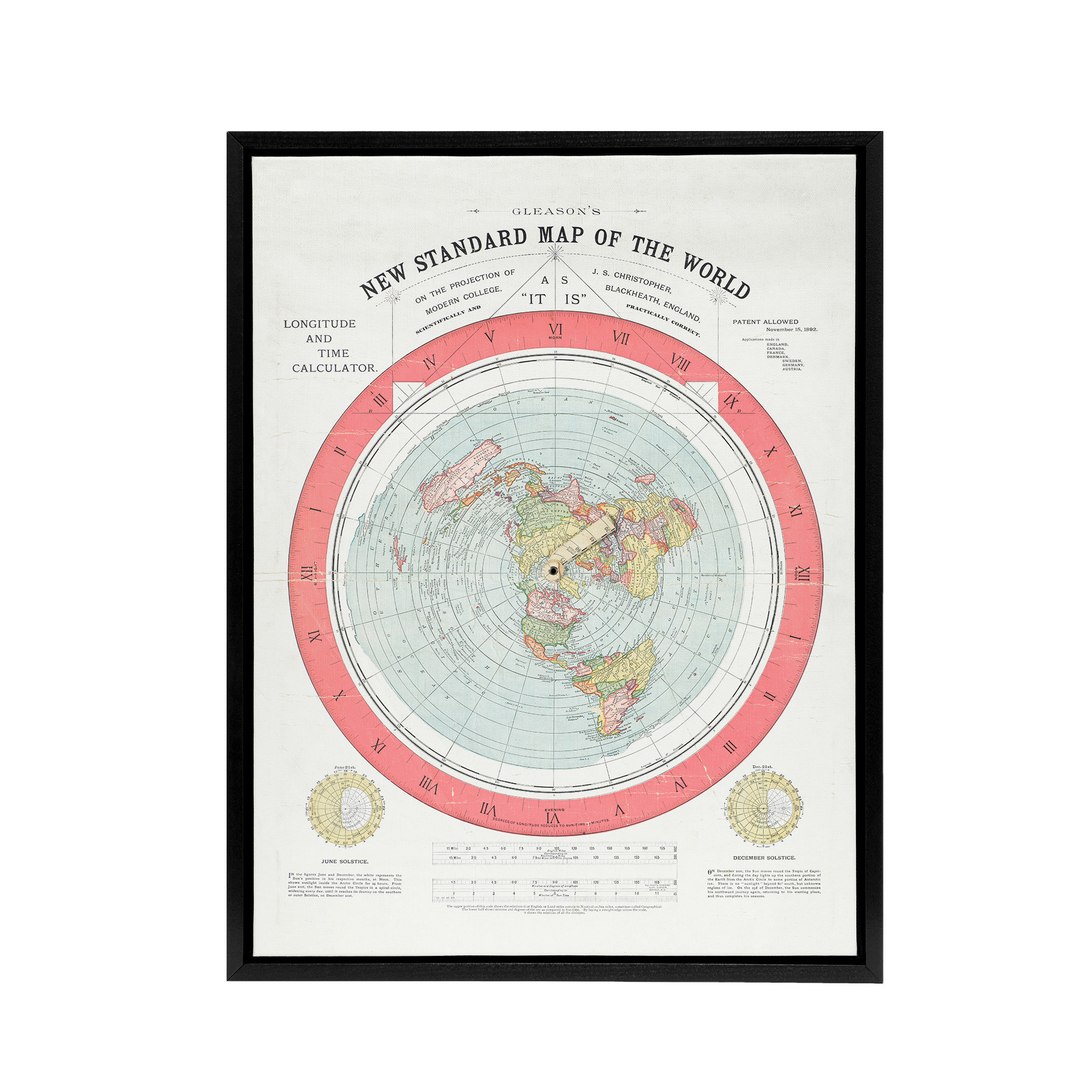 Map Gleason 1892 World Time Framed Canvas Wall Art Print