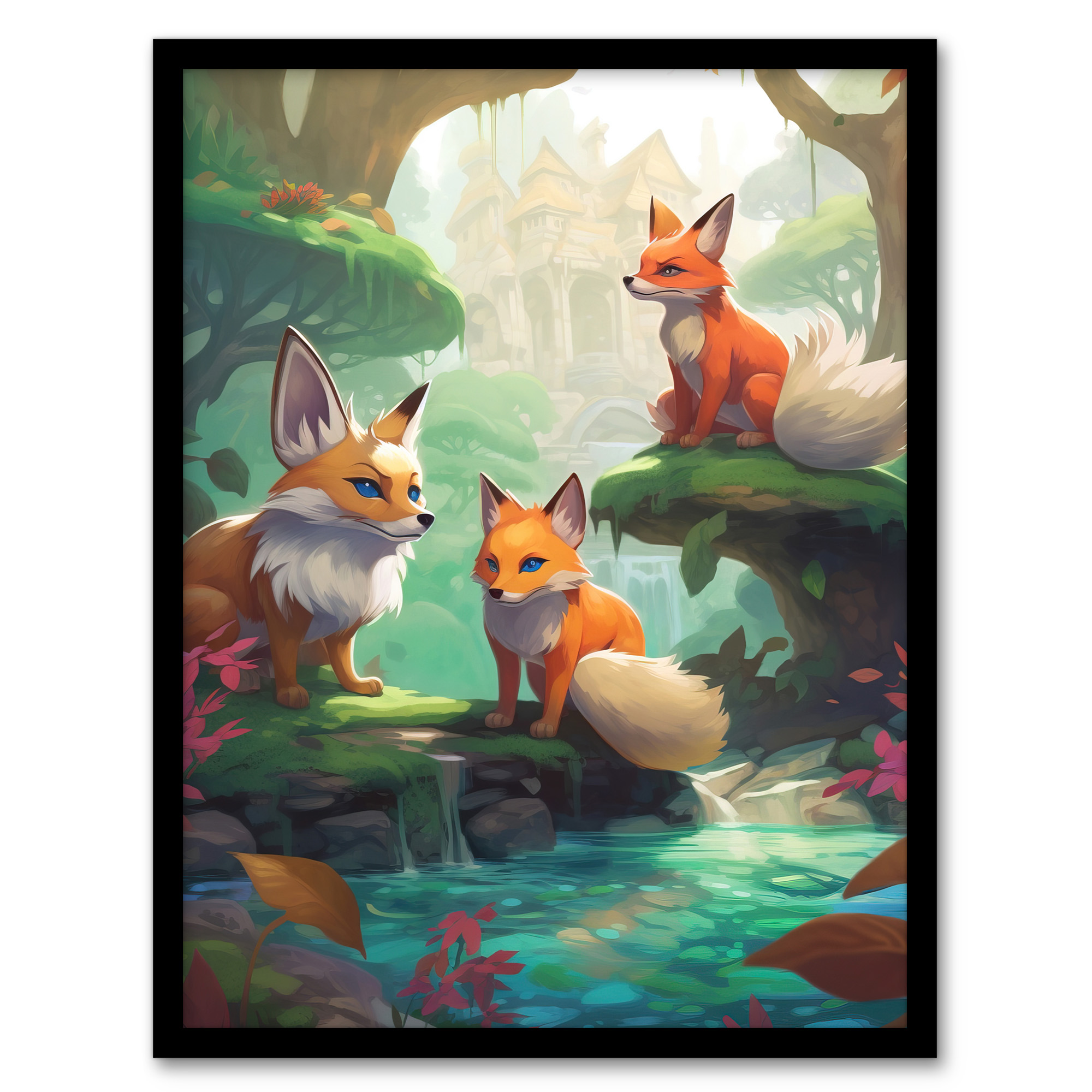Three Kitsune Fox Spirits Painting Mythical Creatures Wall Art Poster Print