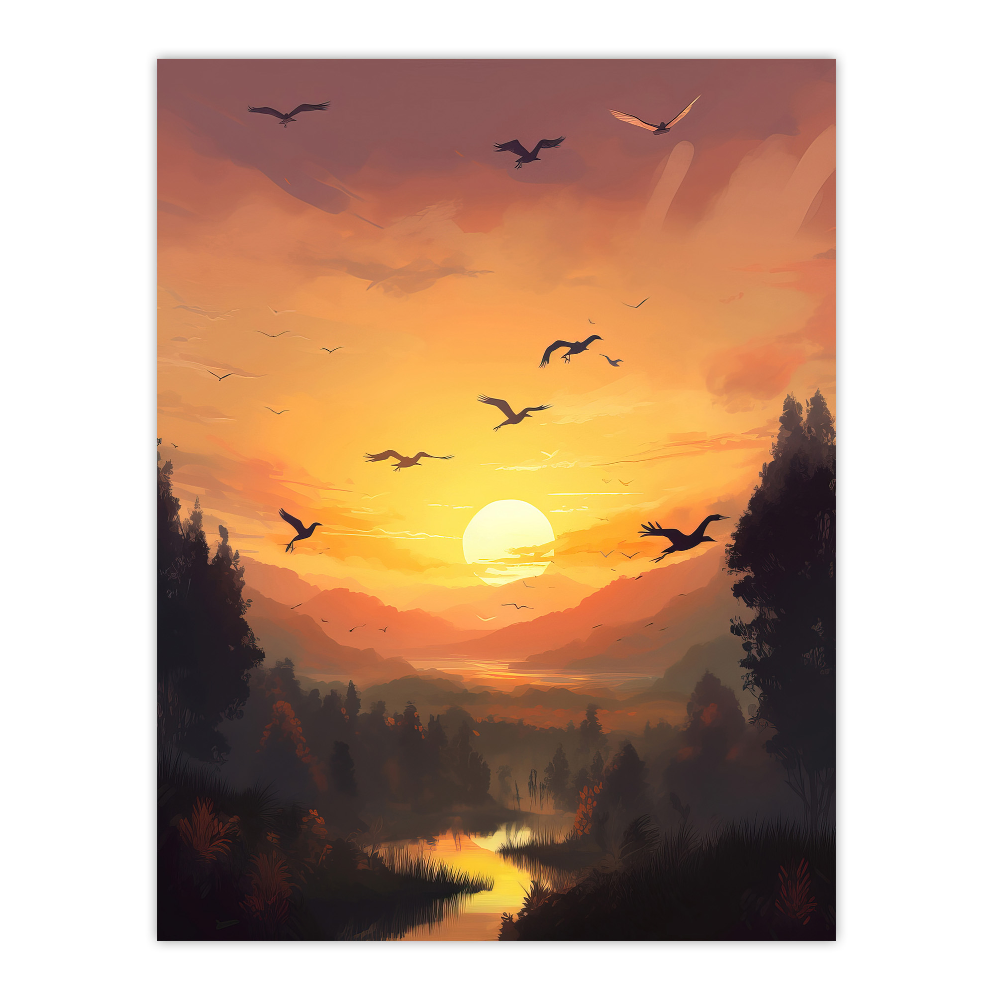 Flock of Cranes Flying Against Golden Sunset Sky Painting Wall Art Poster Print