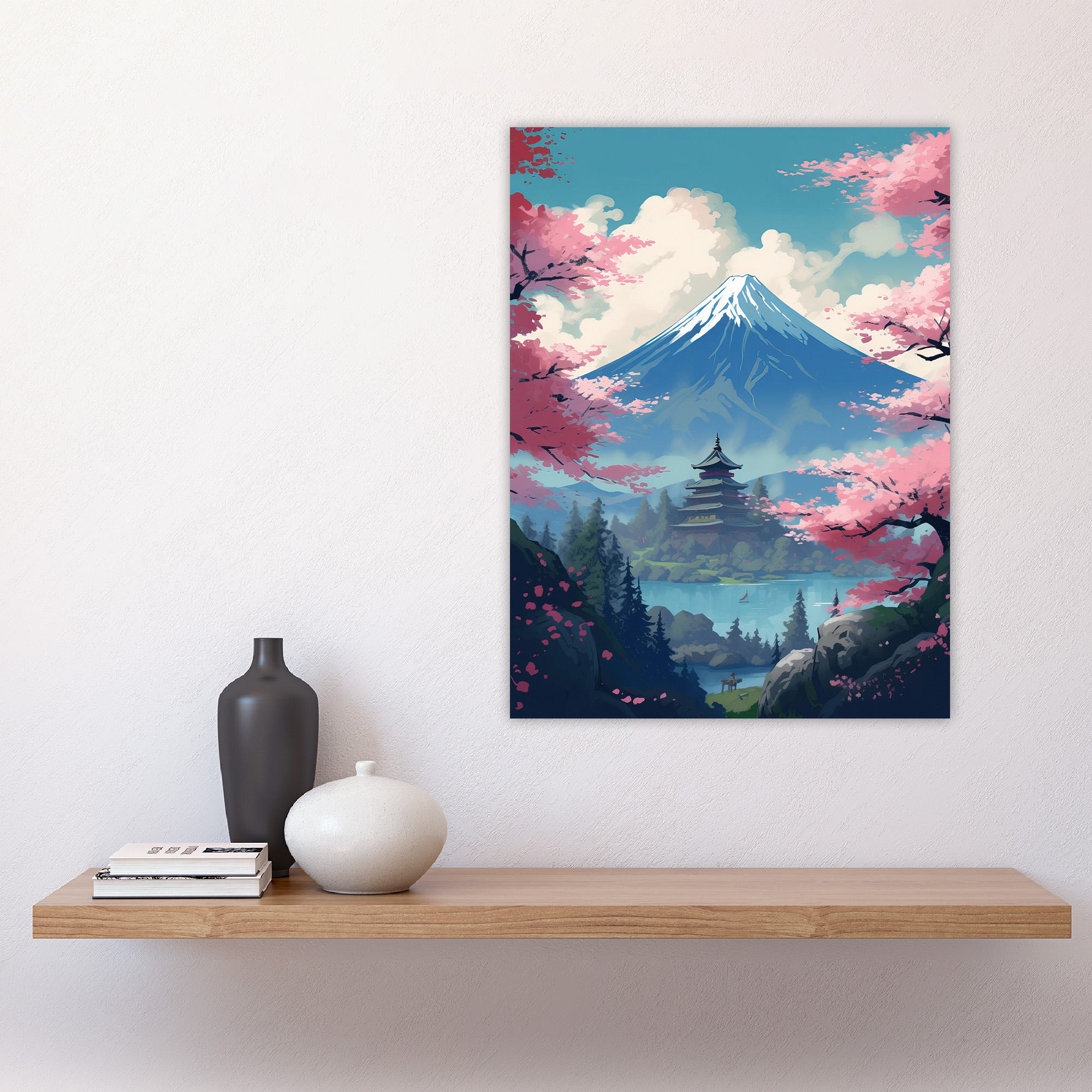 Japanese Temple Mount Fuji Lake Cherry Blossom Trees Wall Art