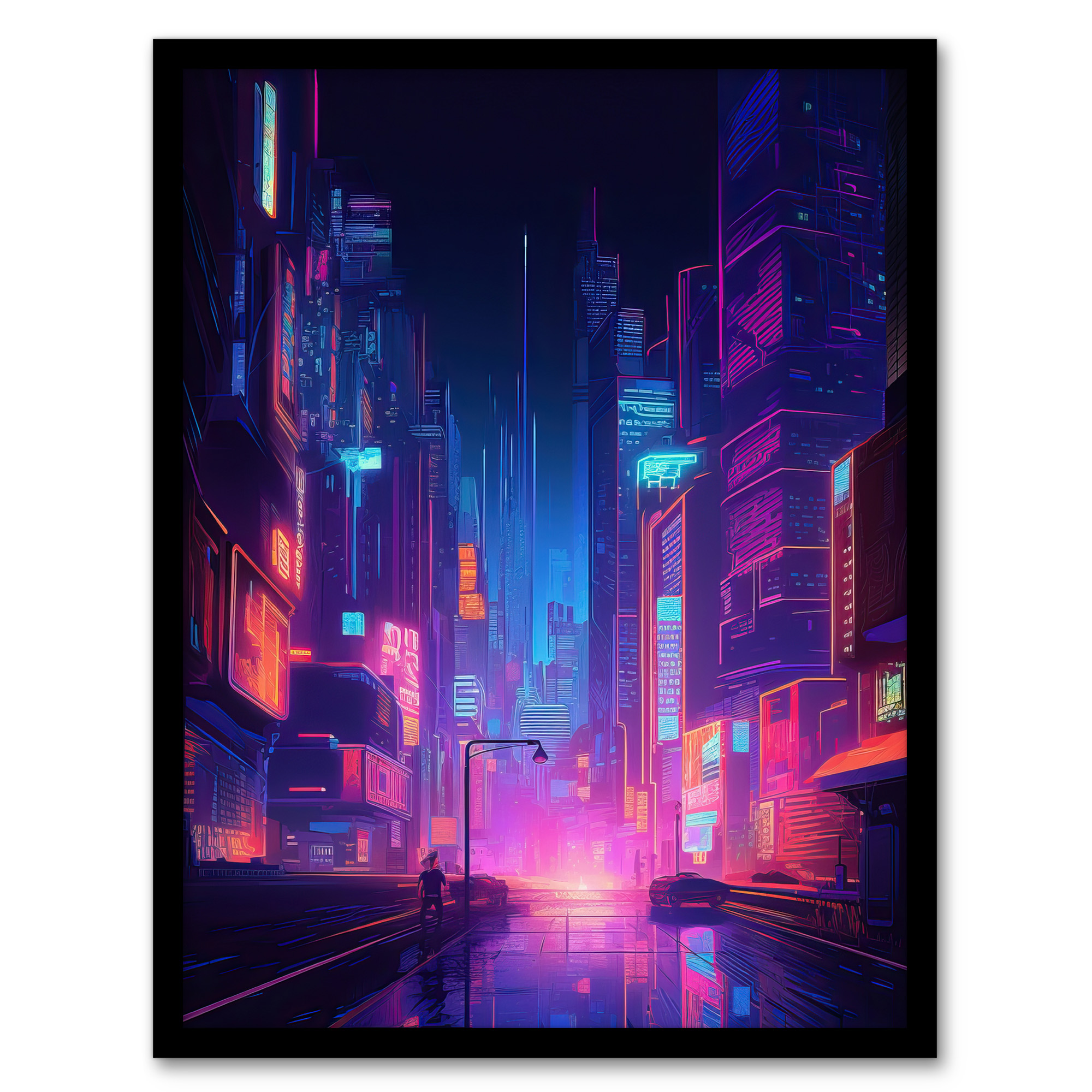 Synthpop City Modern Neon Futuristic Cityscape Blue Purple Wall Art Poster Print