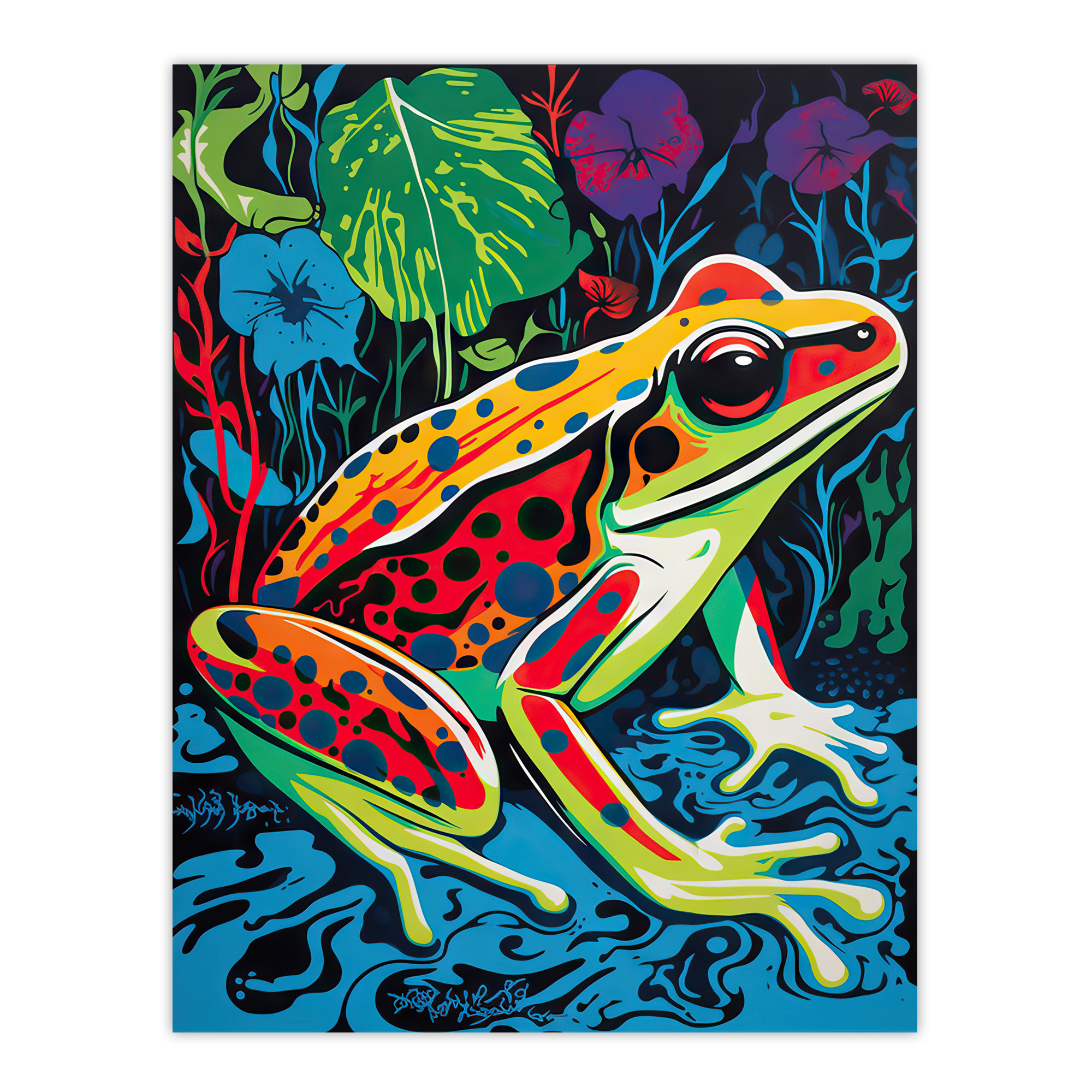 Frog In A Pond Vibrant Bathroom Painting Animal Portrait Wall Art Poster Print