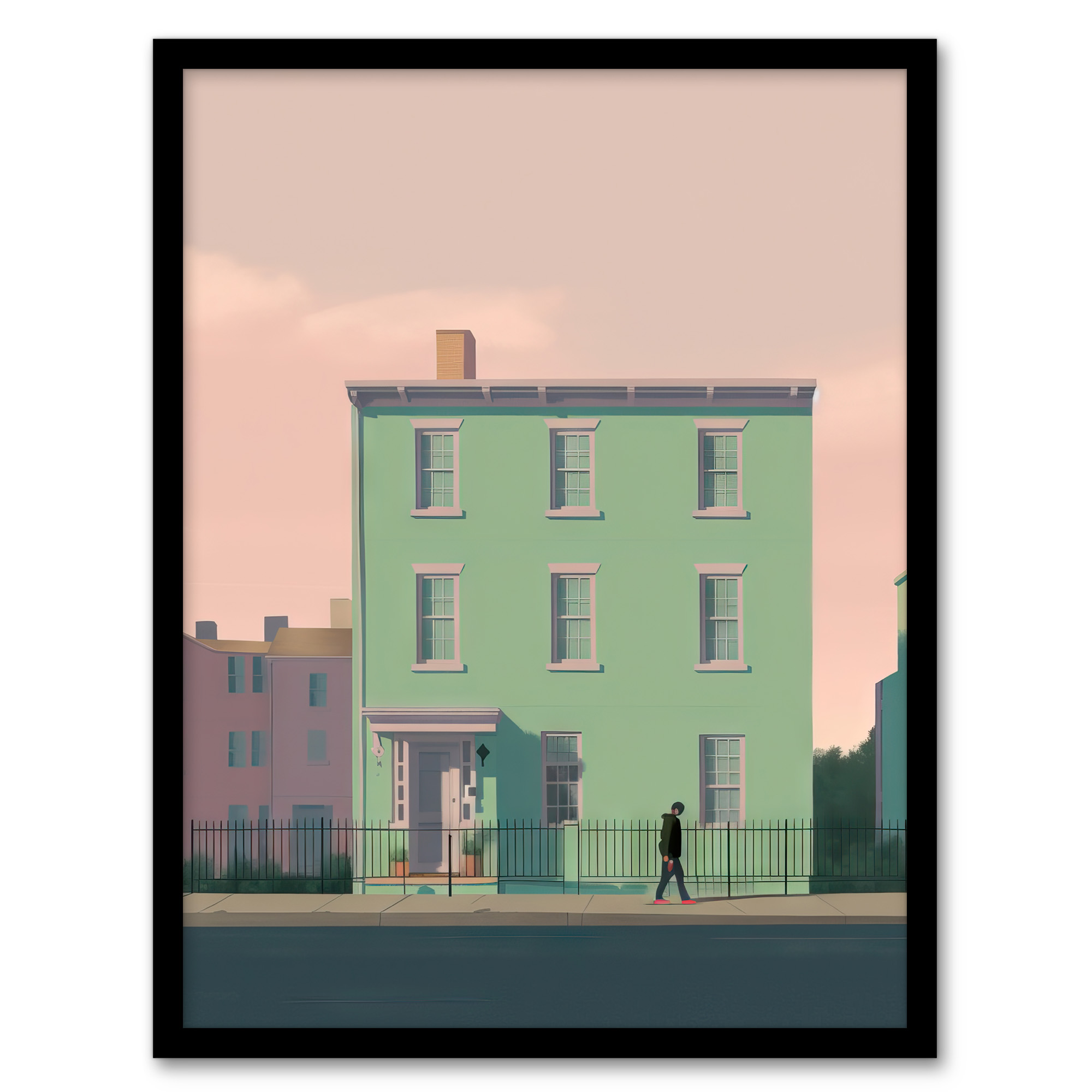 Sage Green House By Amy Denver Minimalist Soft Pastel Pink Wall Art Poster Print