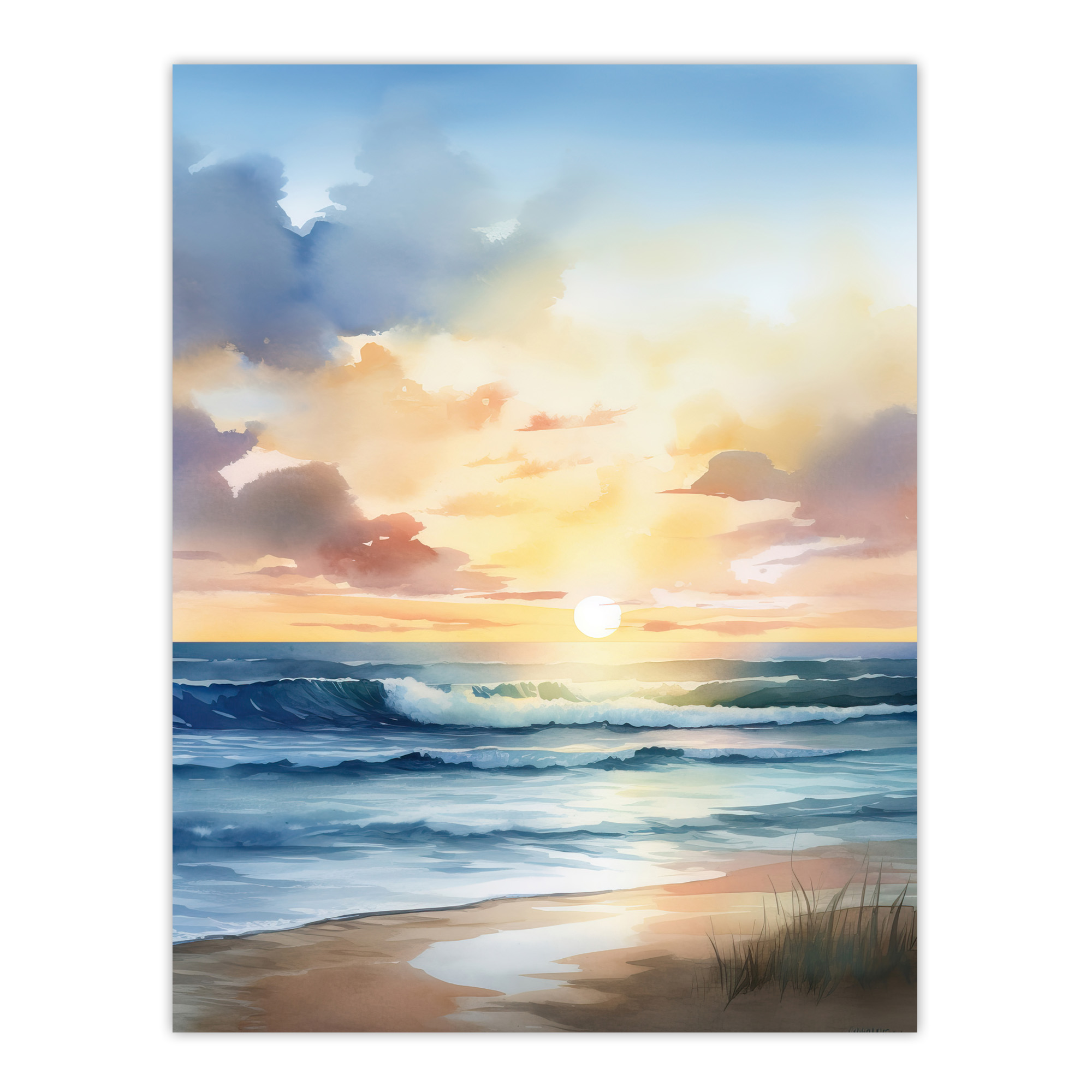 Watercolour Waves Deserted Beach Seascape Wall Art Poster Print Picture