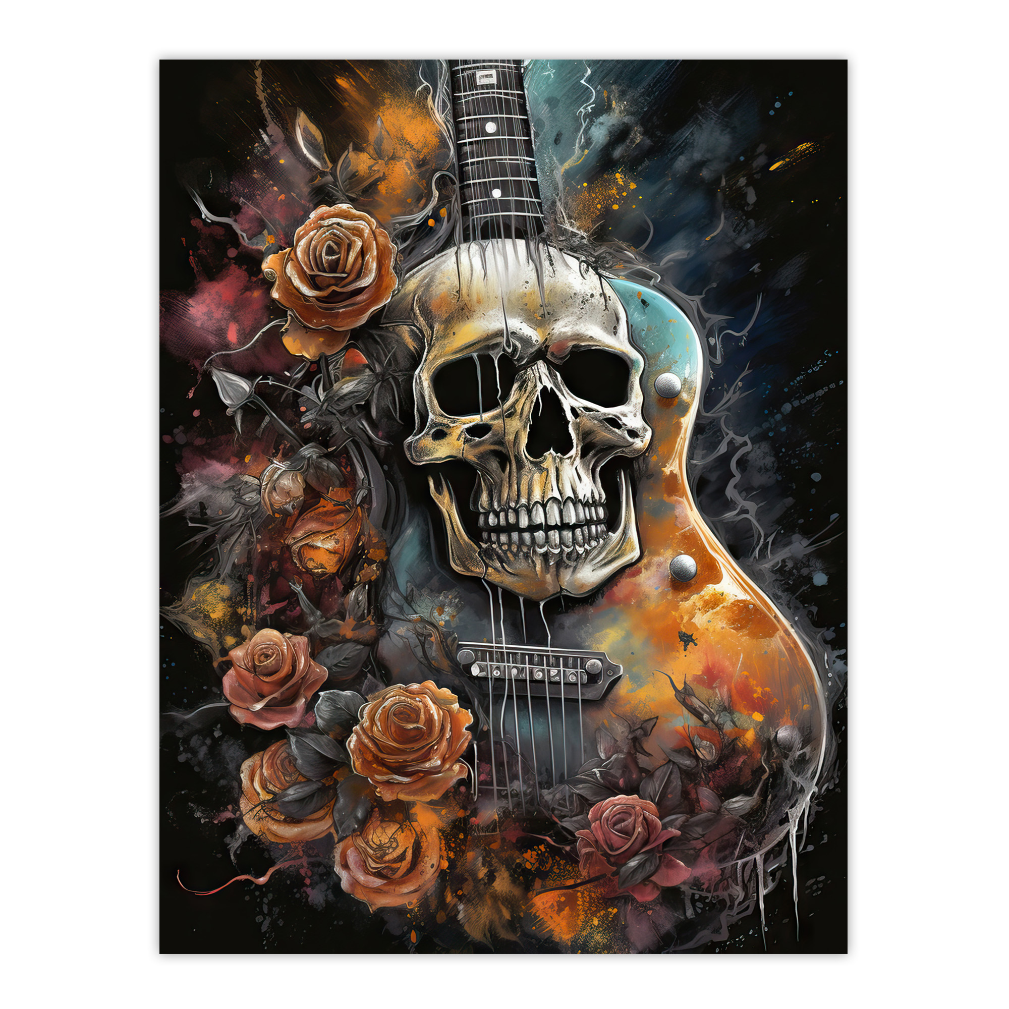 Guitar With Roses And Skull Conceptual Painting Floral Wall Art Poster Print