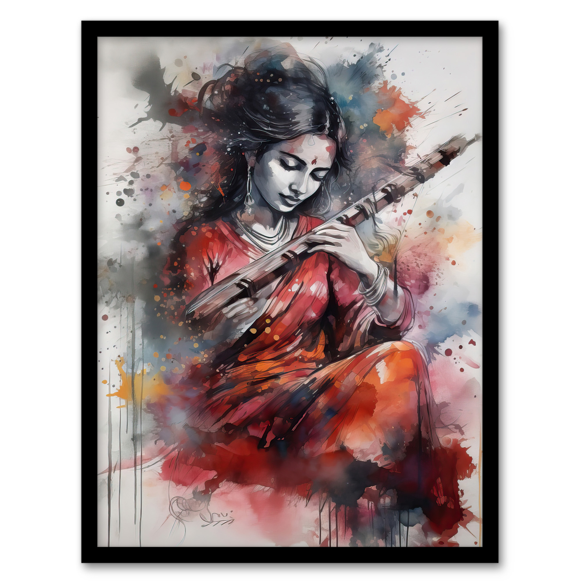 Woman Playing Classical Indian Folk Music Watercolour Wall Art Poster Print