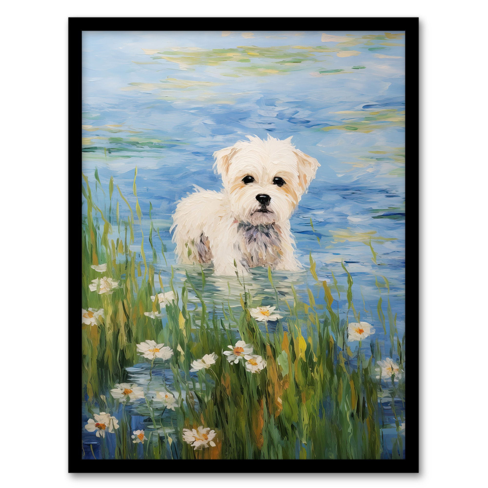 Maltese Dog Claude Monet Style Portrait Lake Wildflowers Wall Art