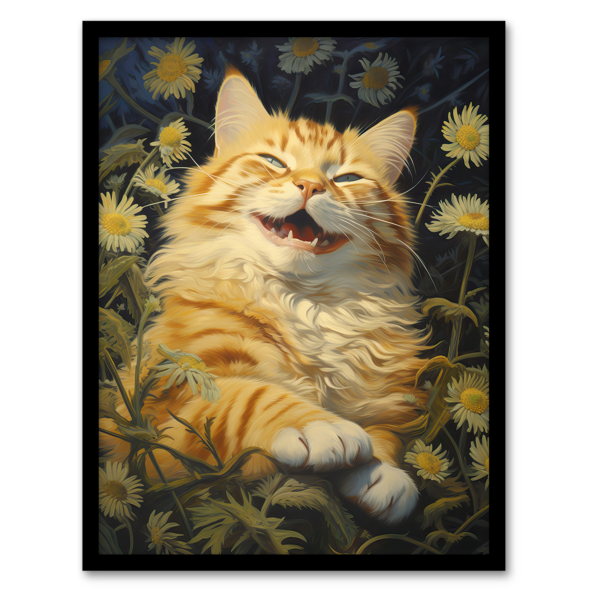 Contented Grinning Ginger Cat Wildflower Meadow Wall Art Poster Print Picture
