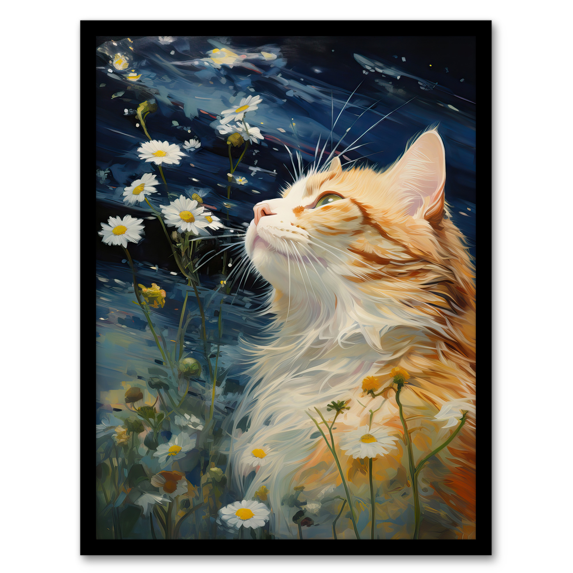 Moonlit Cat In Daisy Meadow Norwegian Forest Cat Wall Art Poster Print Picture