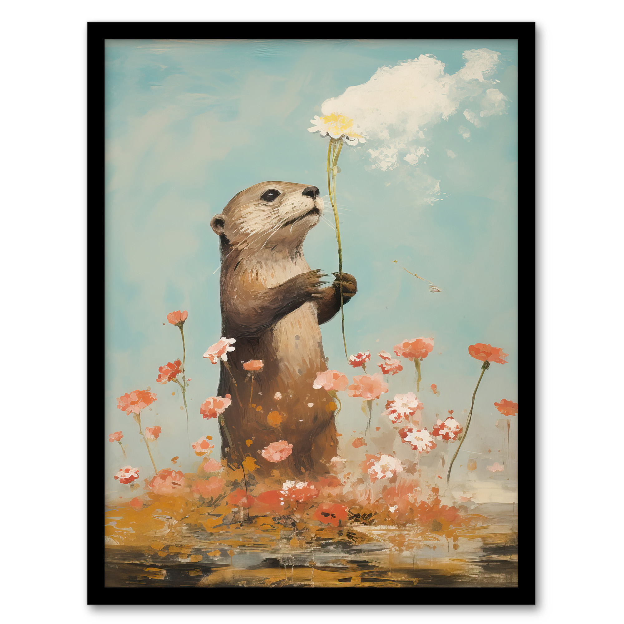The Otters Gift Artwork Floral Watercolour Crimson Blue Wall Art Poster Print