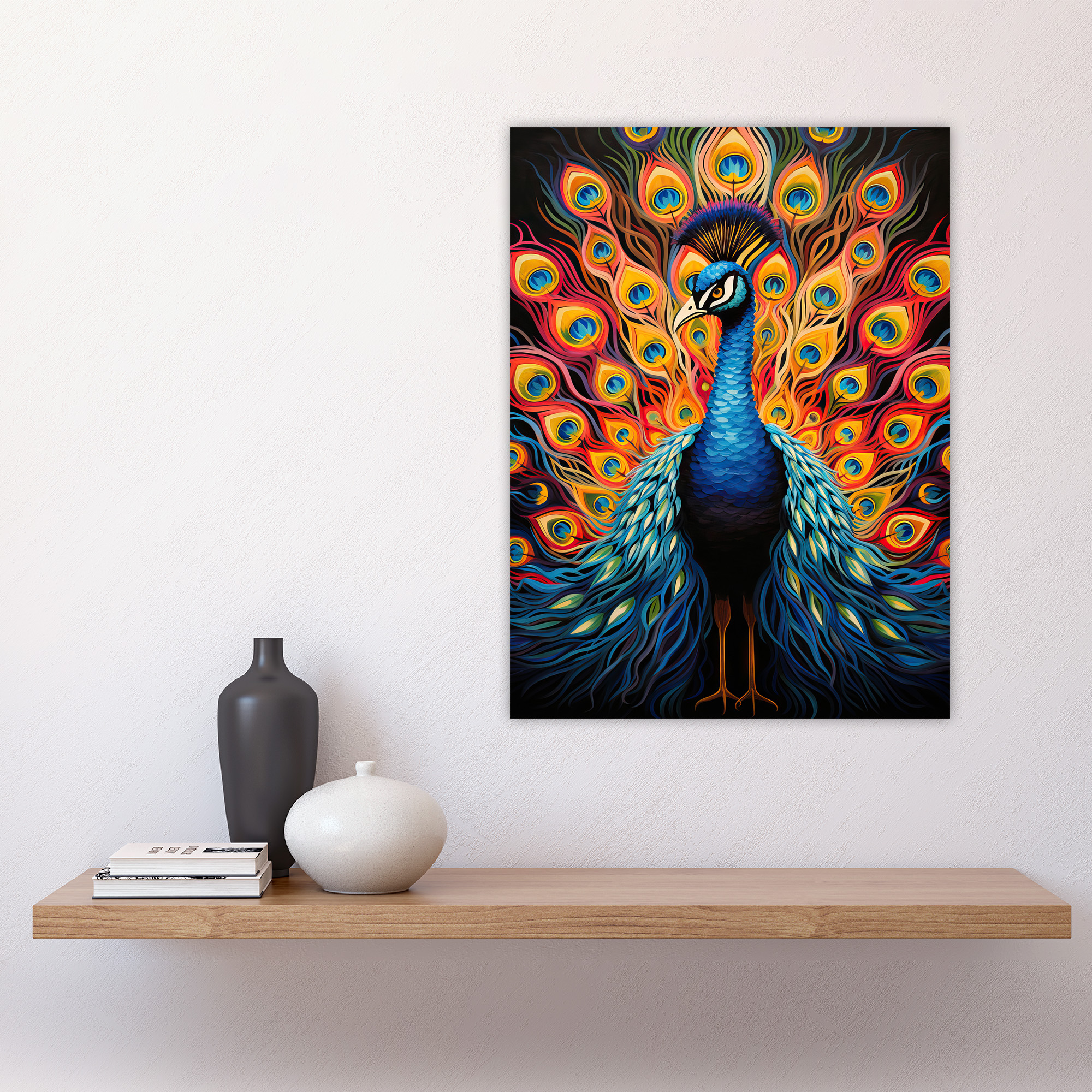 Peacock Bird Bright Vivid Feathers Yellow Red Blue Bold Wall