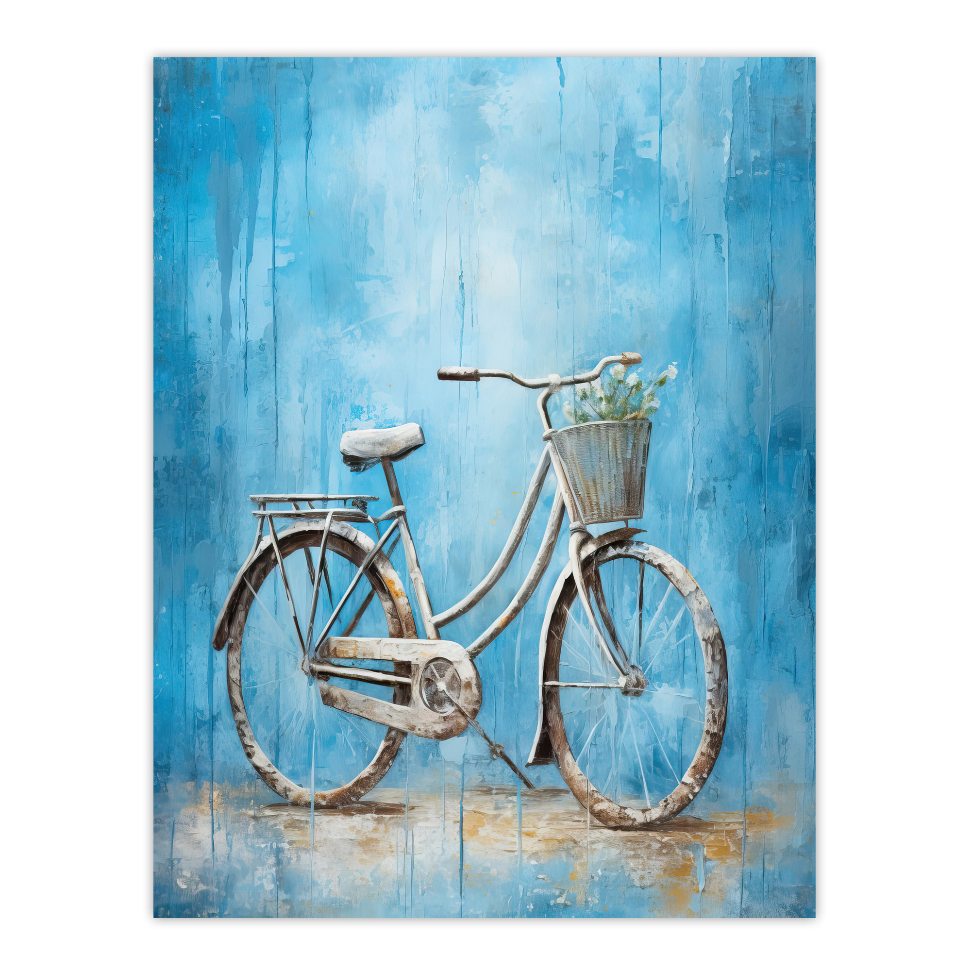 Simple Elegant Bicycle On Blue Contemporary Flower Basket Wall Art Poster Print