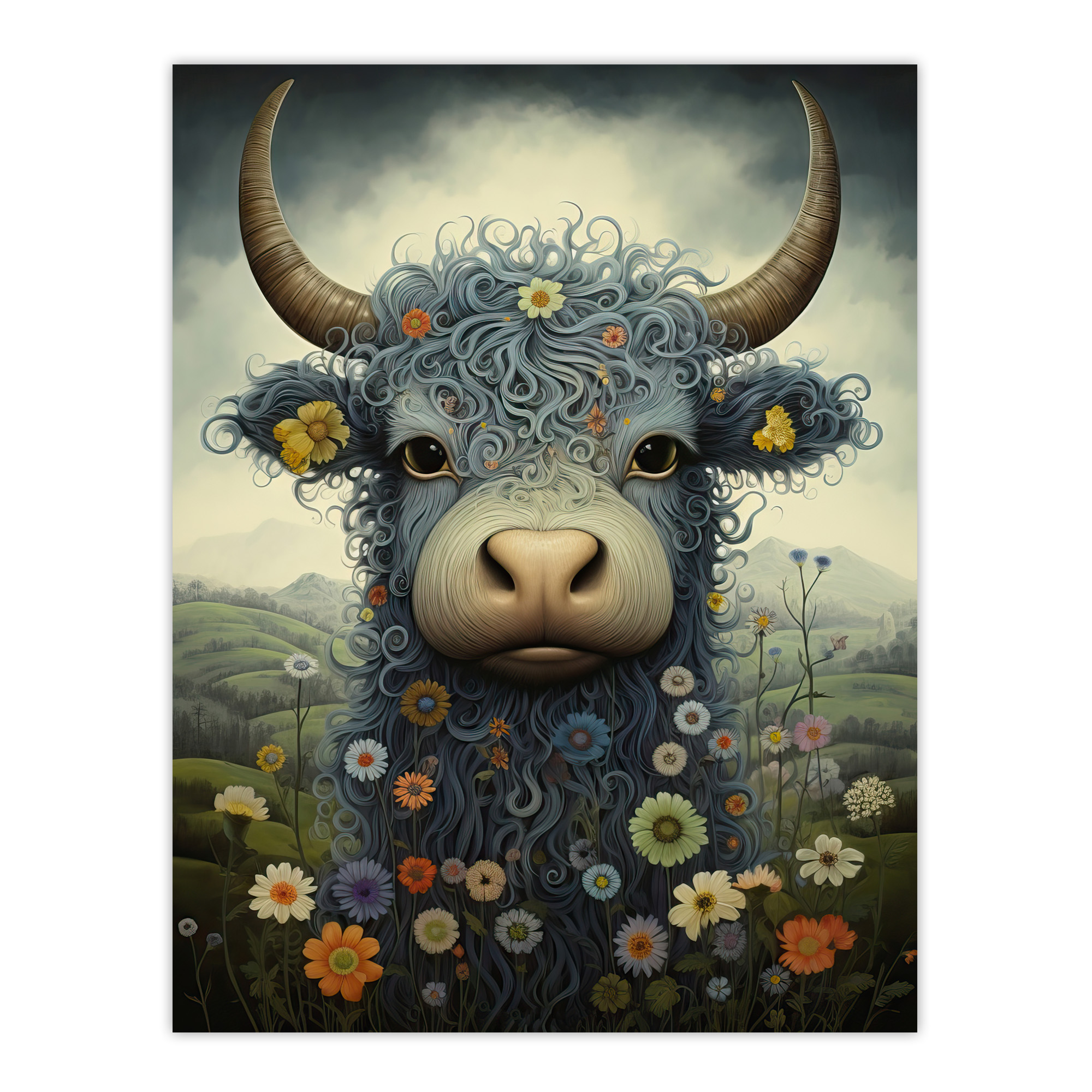 Small Blue Highland Cow Wildflower Meadow Fun Coo Wall Art Poster Print Picture