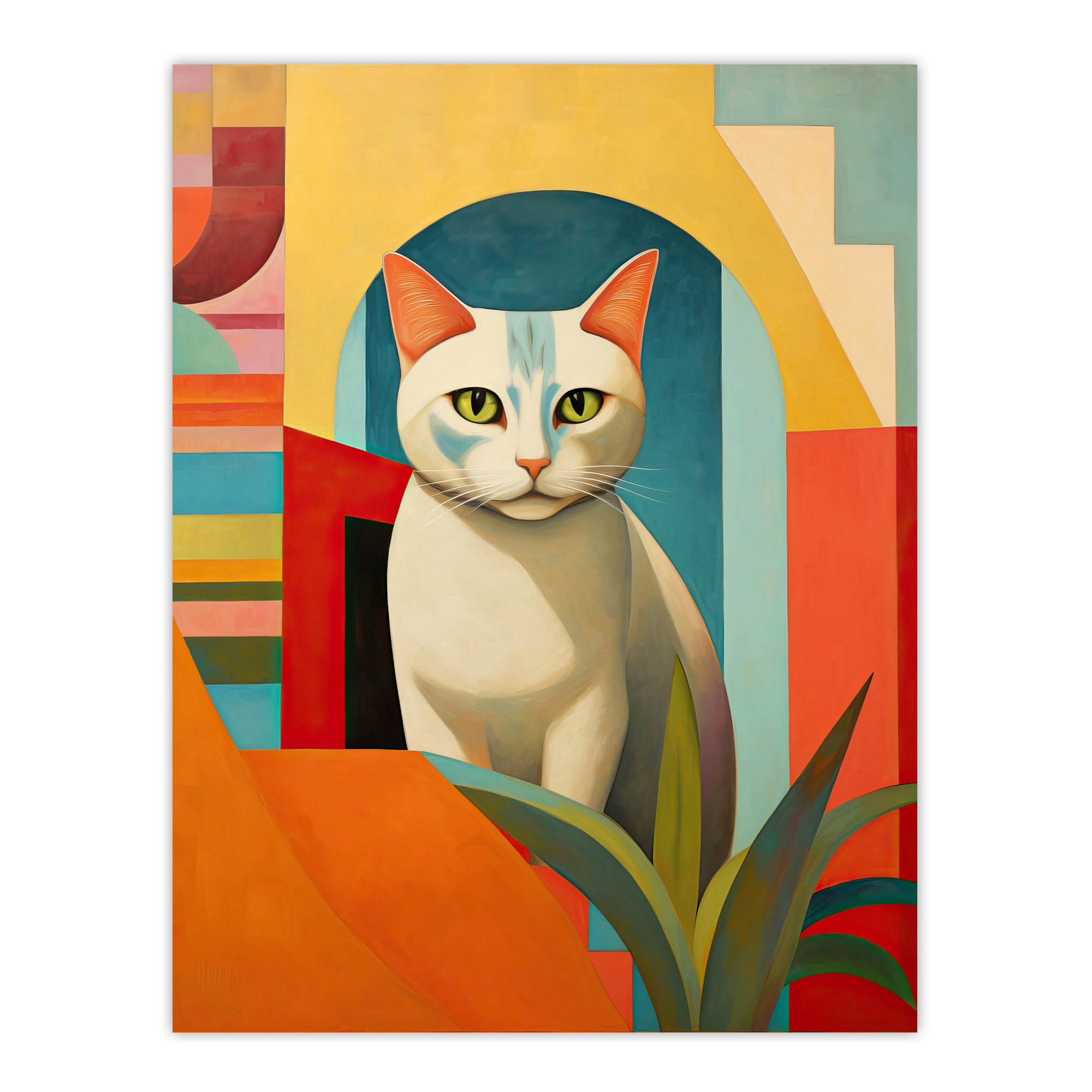Abstract Cubist Cat Plant Feline Geometric Contemporary Wall Art Poster Print