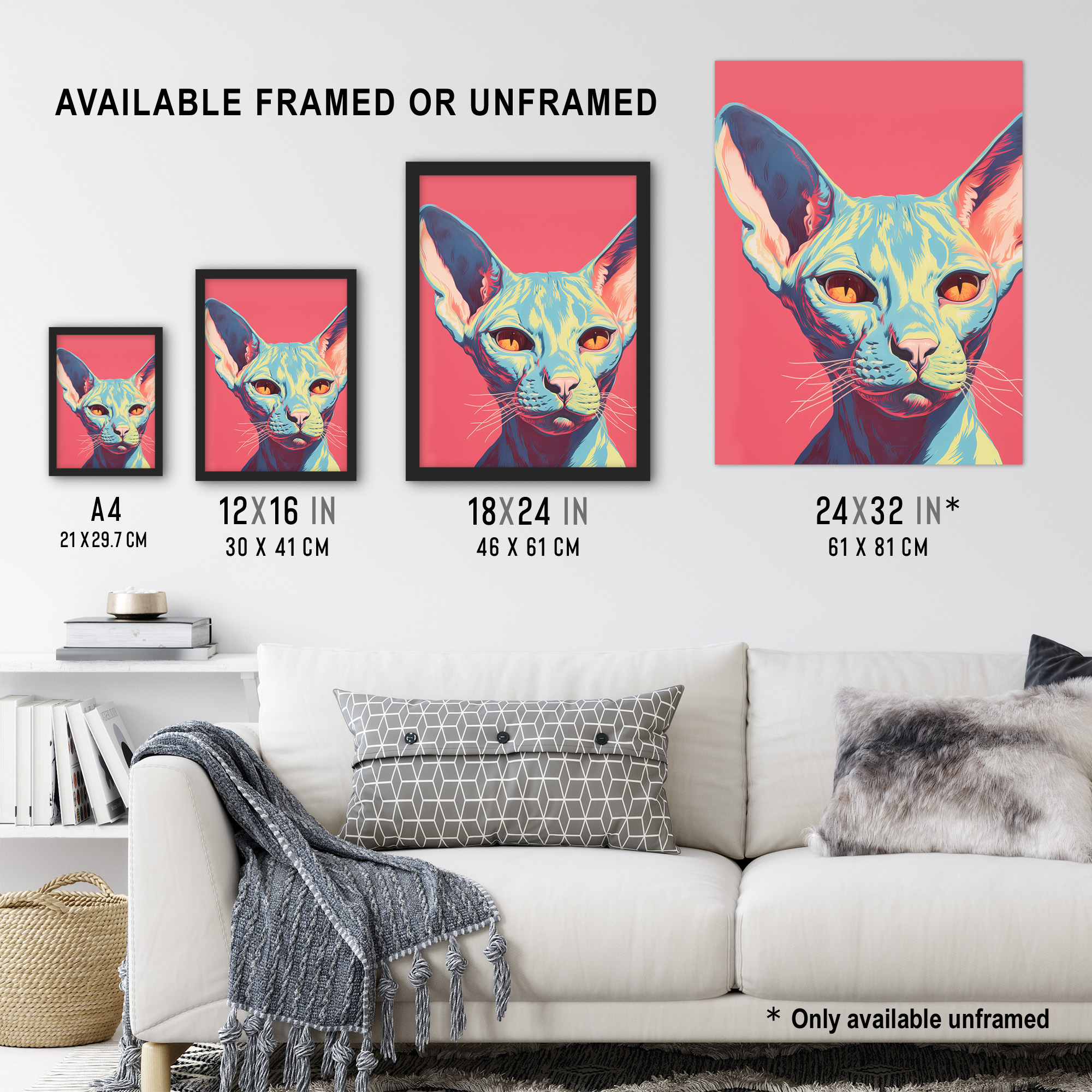 Sphynx Cat Screen Print Pink Blue Coral Teal Artwork Retro