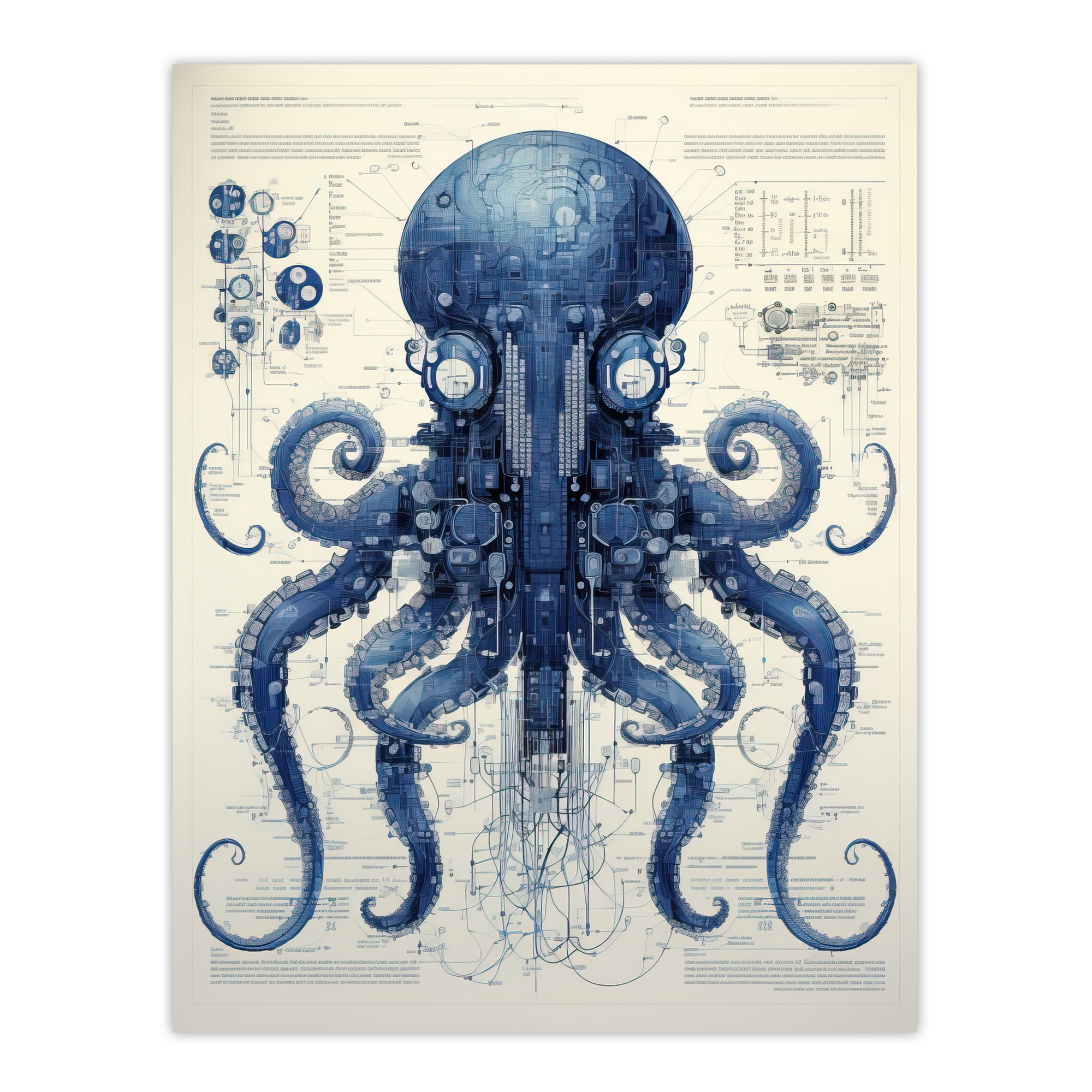 Octopus Robot Hybrid Schematic Blueprint Futuristic Secret Wall Art Poster Print