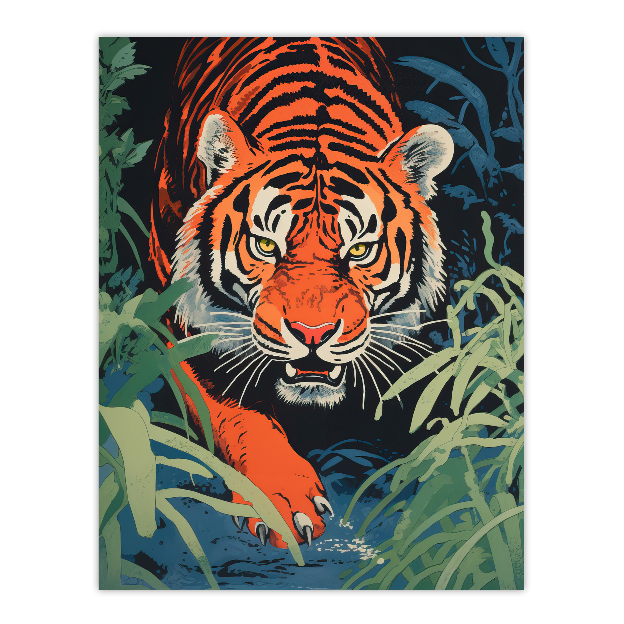 Jungle Tiger Prowling Stalking Pouncing Animal Nature Wall Art Poster Print