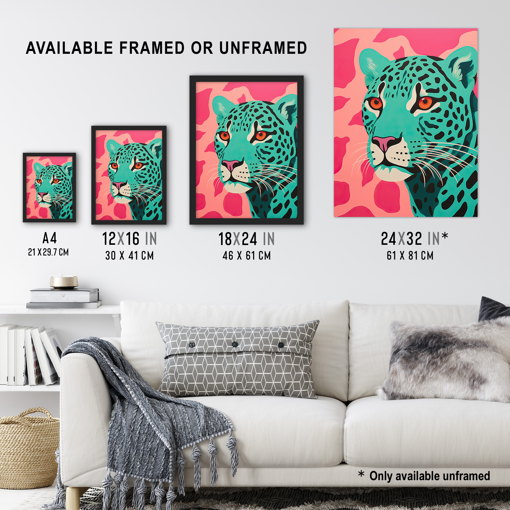 Modern Aqua Green Leopard Print On Pink Pop Art Style Wall
