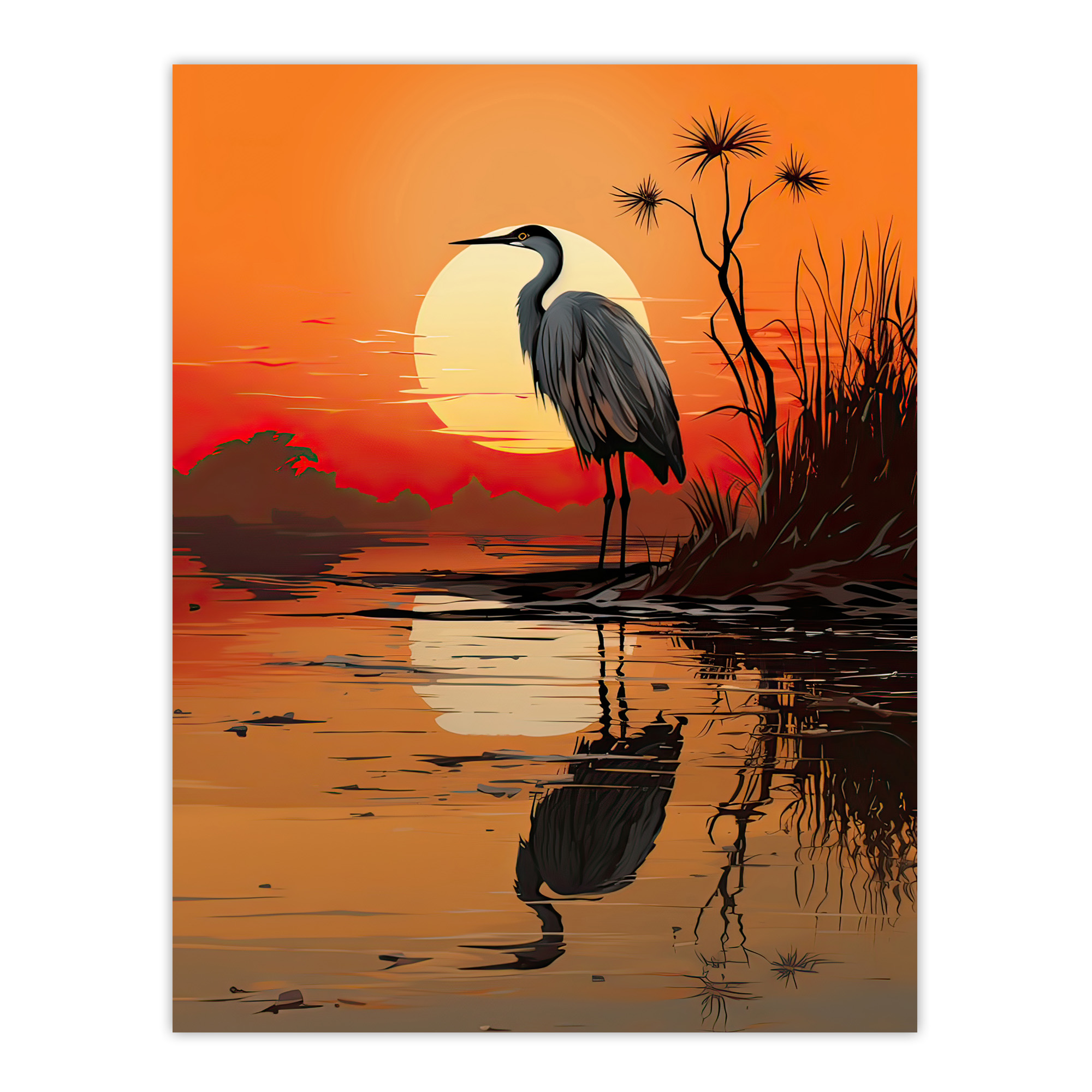 Heron in Coastal Landscape Lake Sunset Red Orange Artwork Wall Art Poster Print