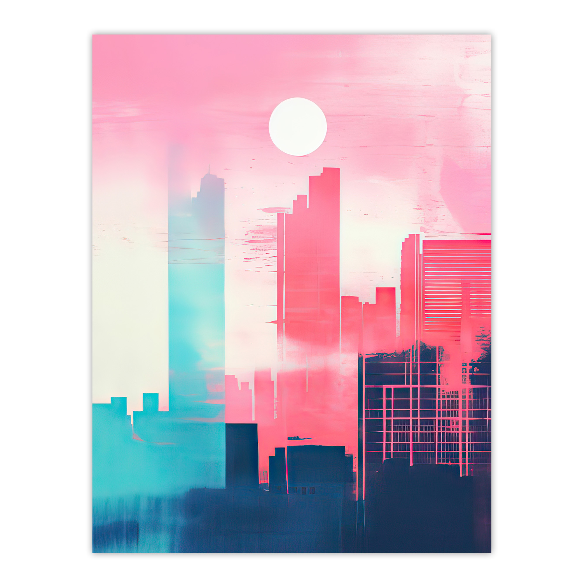 Abstract Geometric Metropolis Cityscape Pink Turquoise Wall Art Poster Print