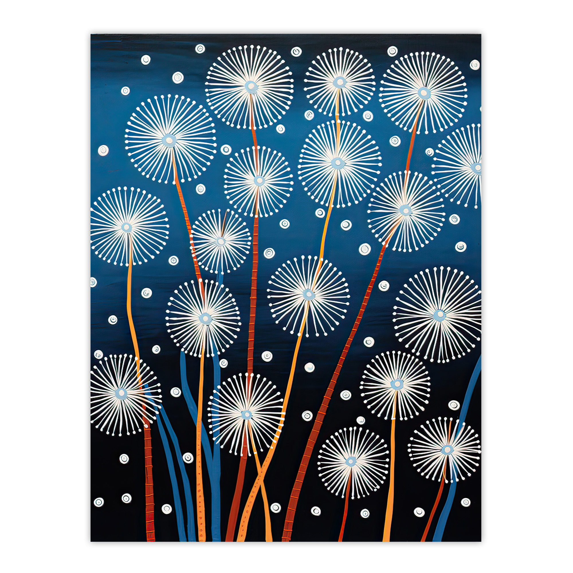 Dandelion Seeds Fireworks Folk Art Painting Blue Wall Art Poster Print Picture