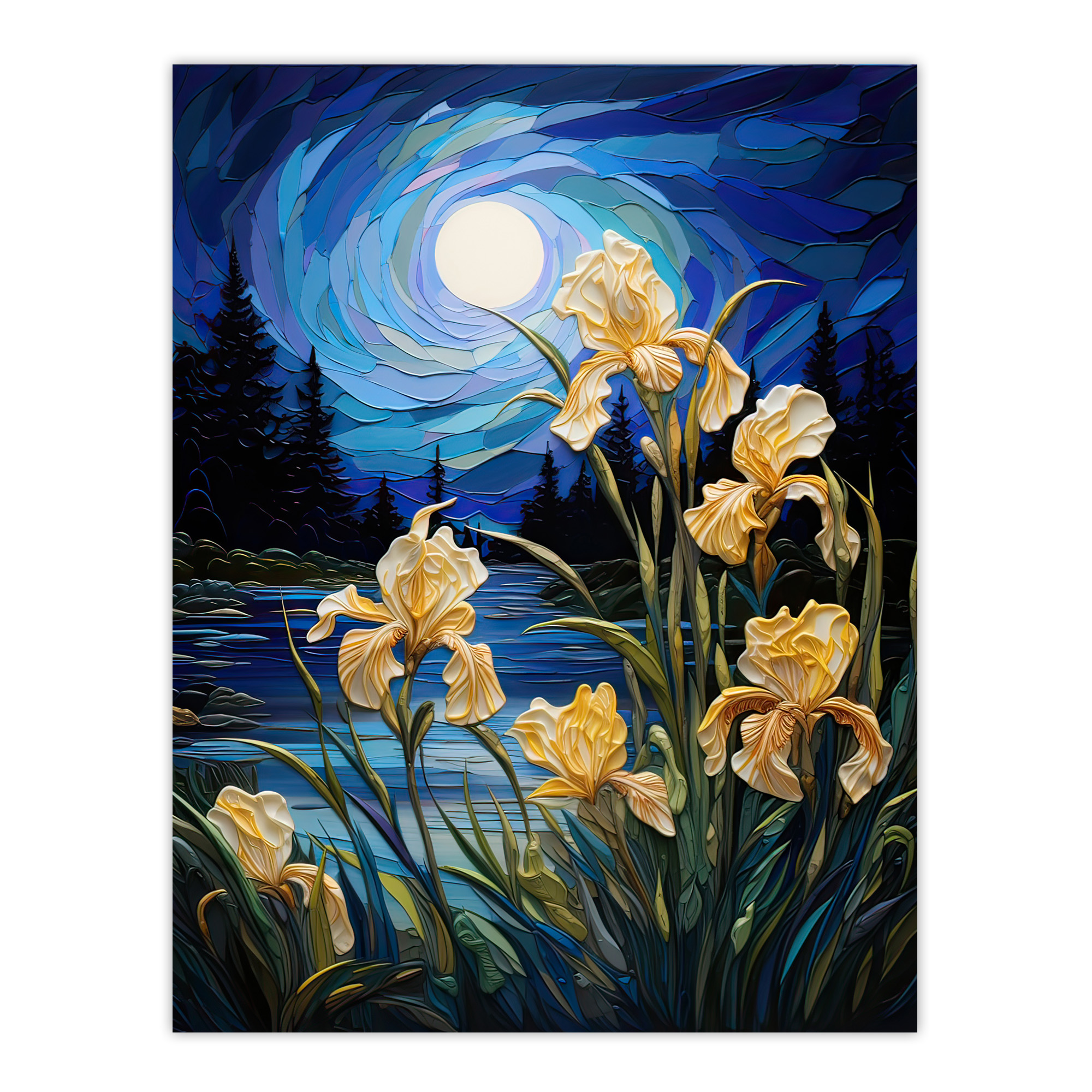 Enchanting Iris Flowers Blooming Fantasy Full Moon Wall Art Poster Print Picture