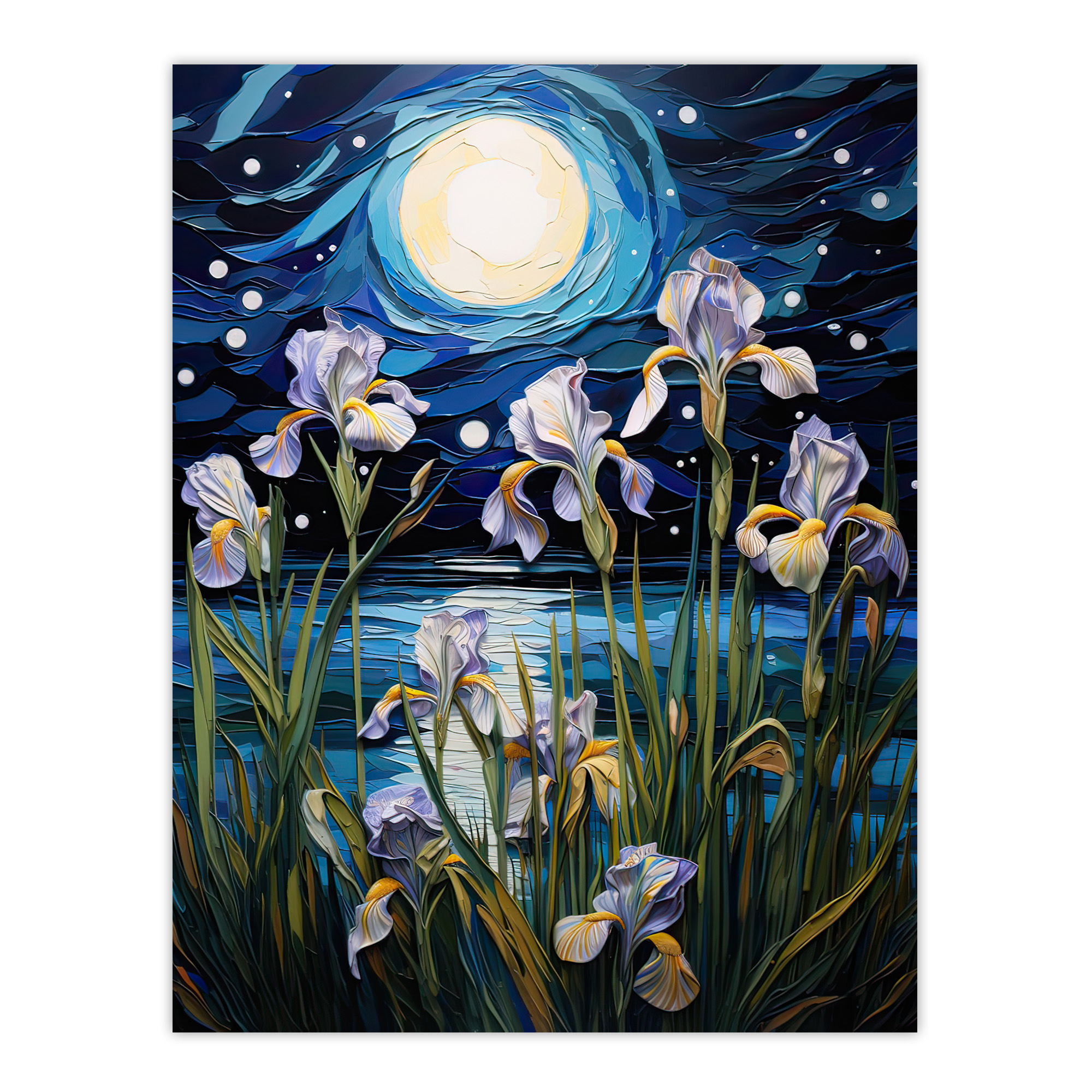 Ethereal Iris Flower Blooms Fantasy Lake Full Moon Wall Art Poster Print Picture