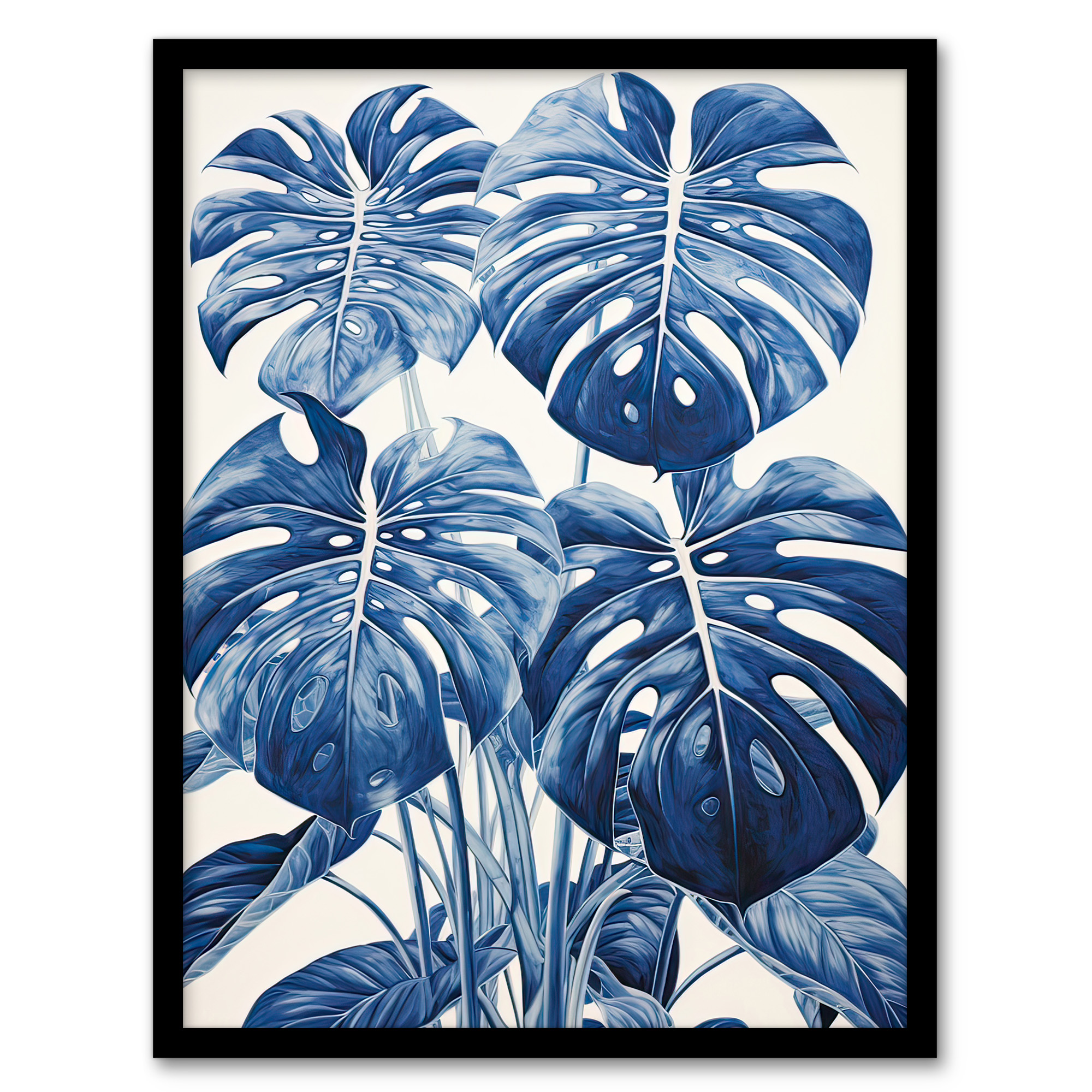 Monstera Plant Leaves Detailed Blue Pencil Drawing Wall Art Poster Print Picture