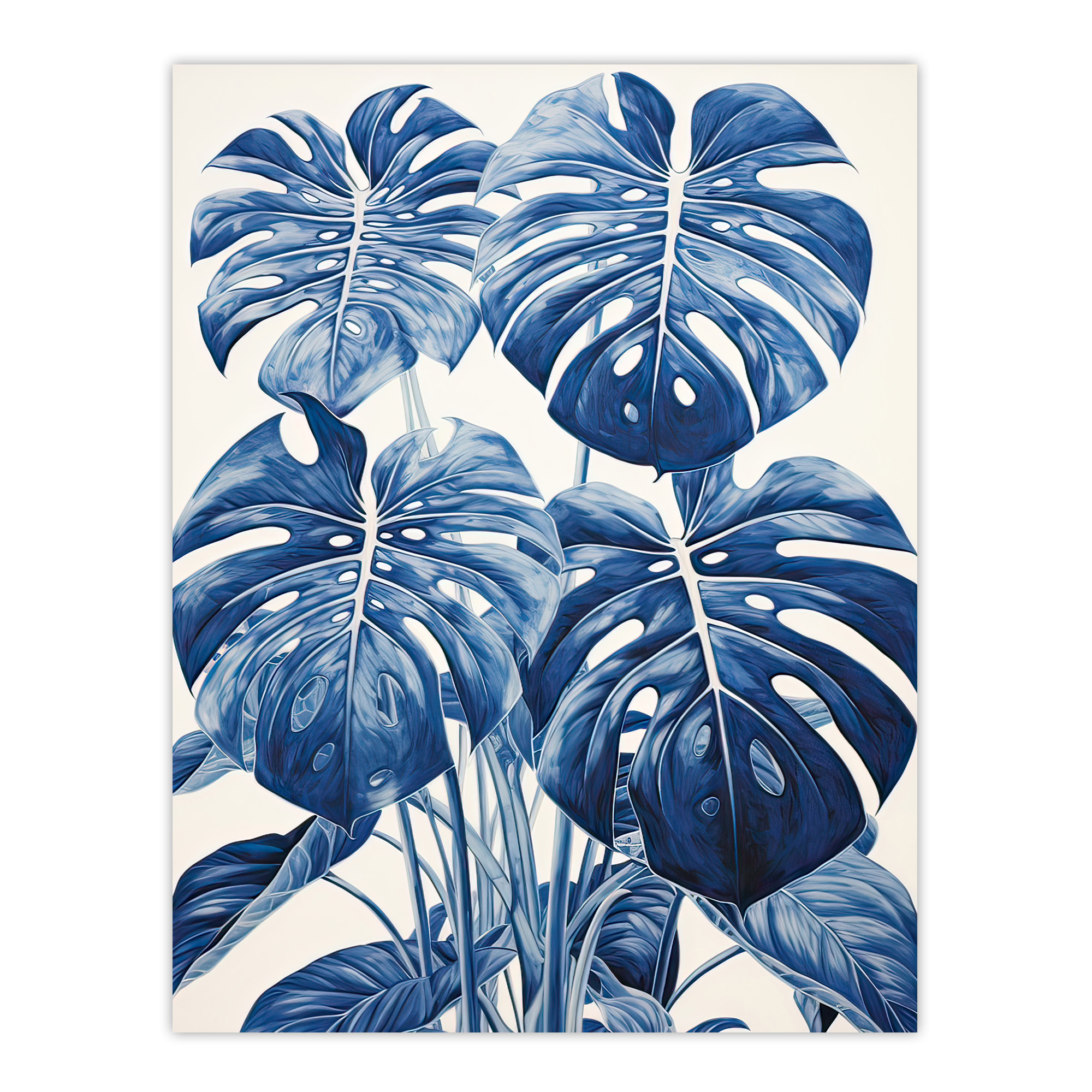 Monstera Plant Leaves Detailed Blue Pencil Drawing Wall Art Poster Print Picture