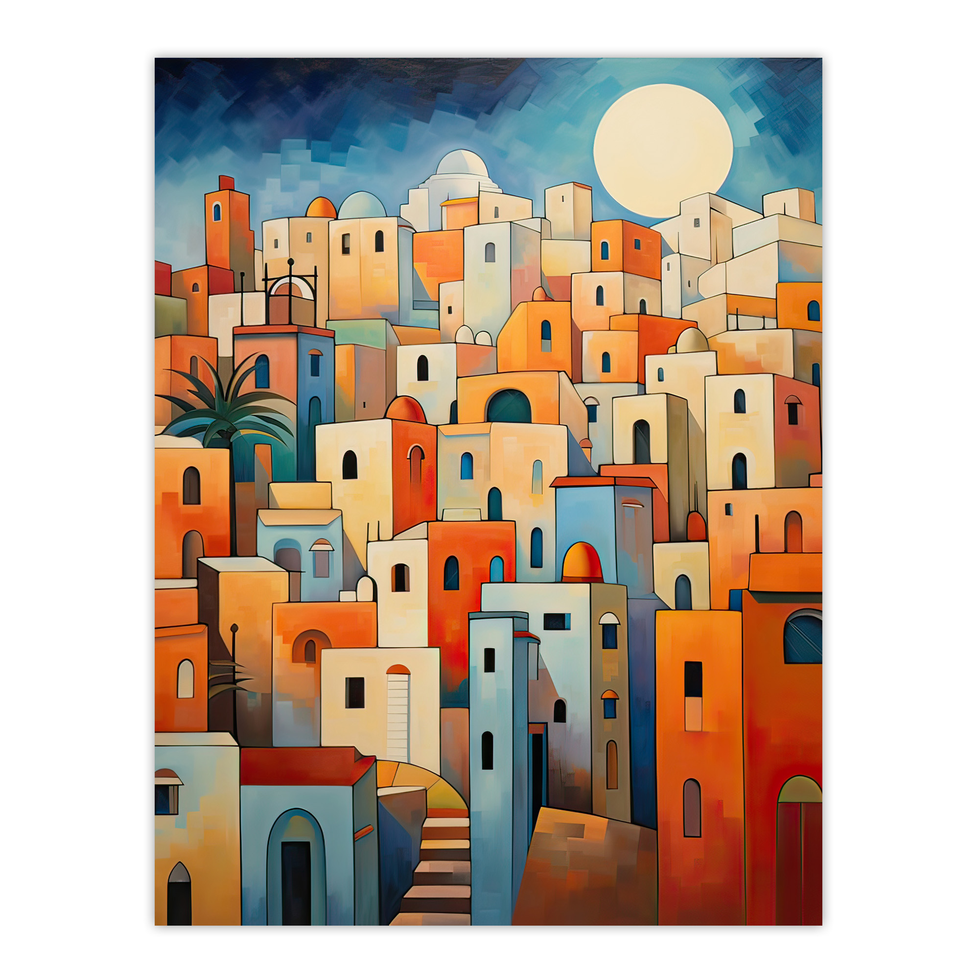 Abstract Morocco Cityscape in Orange and Blue Wall Art Poster